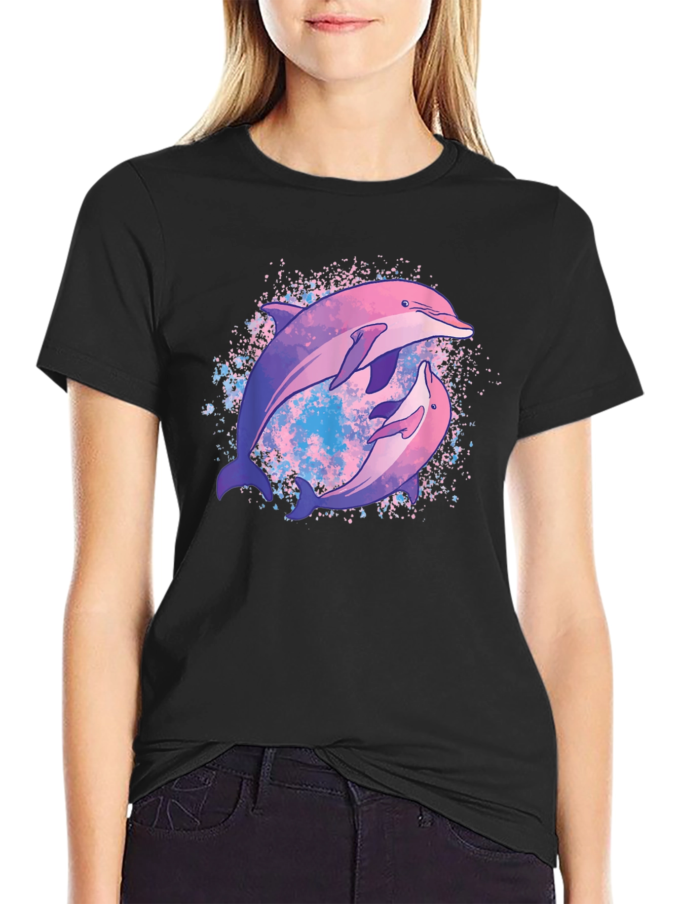 Dolphin Duo Black T-Shirt - Galaxy Design