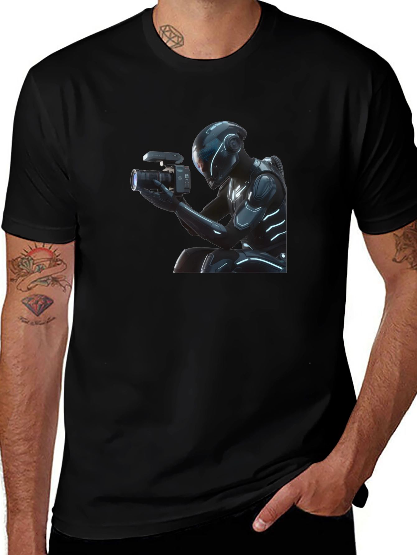 Futuristic Cameraman Graphic T-Shirt - Black