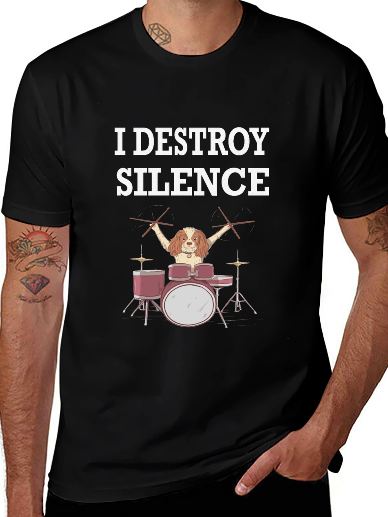 I Destroy Silence Dog Drummer Graphic Tee