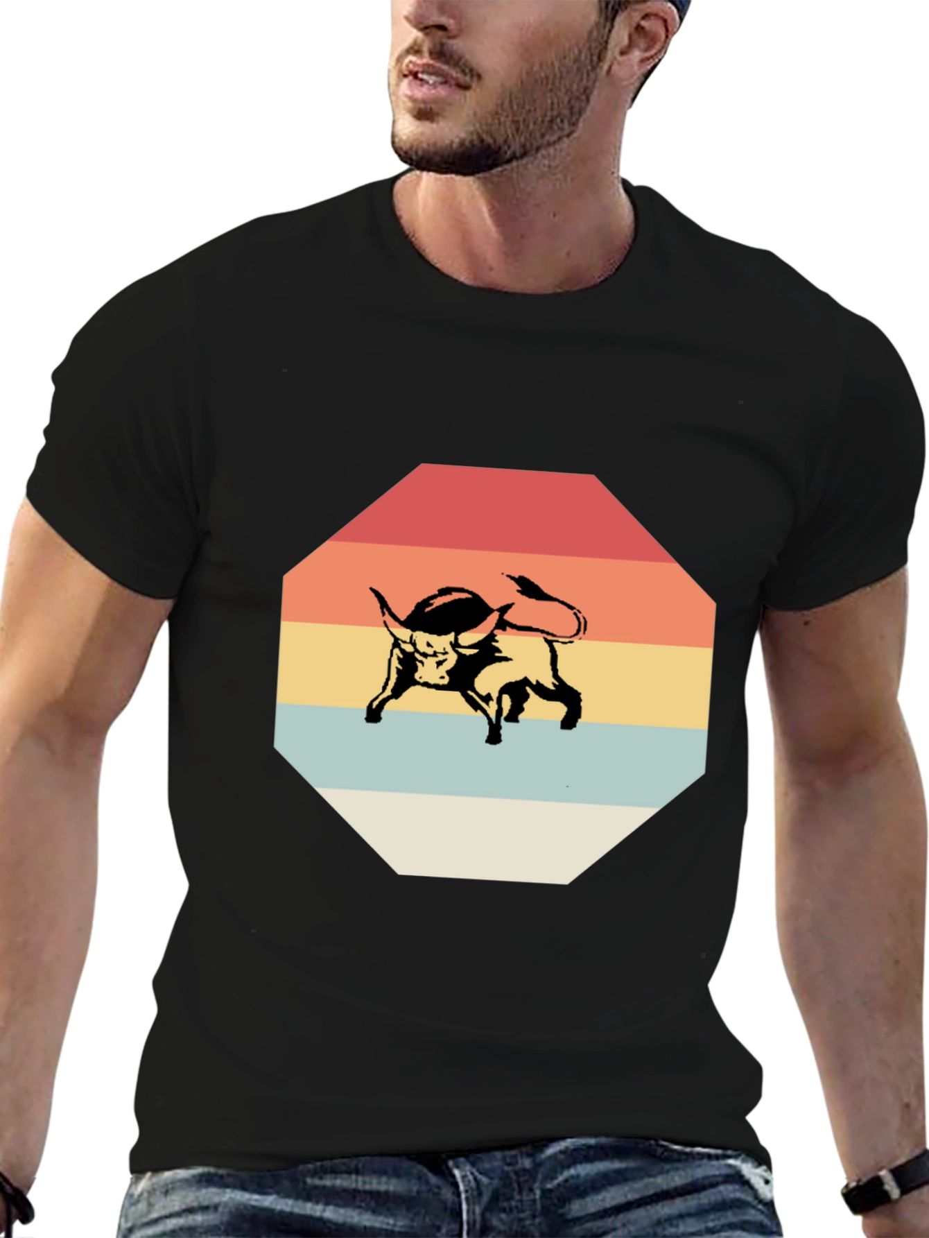 Retro Bull Graphic Tee - Stylish Mens Black T-Shirt