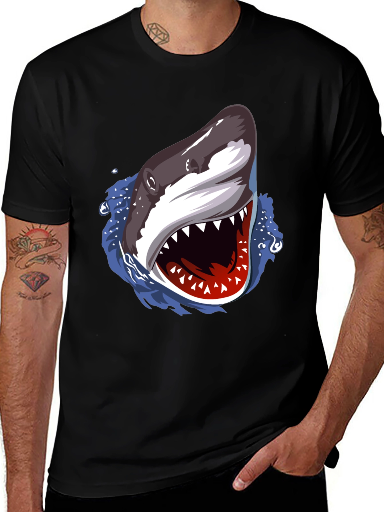 Shark Attack Graphic Print Black T-Shirt