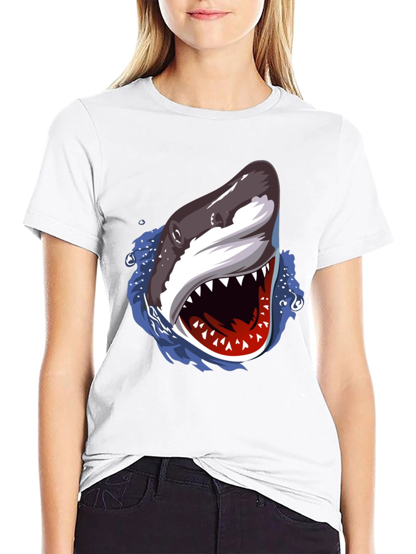 Shark Attack Graphic Print Black T-Shirt