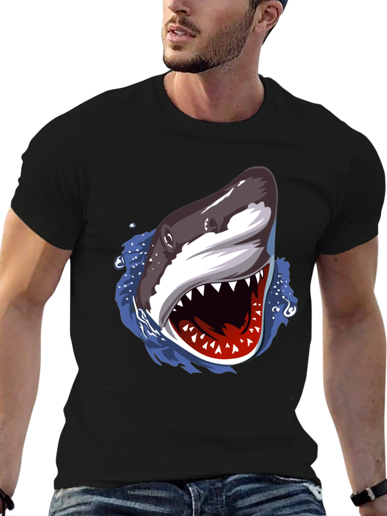 Shark Attack Graphic Print Black T-Shirt