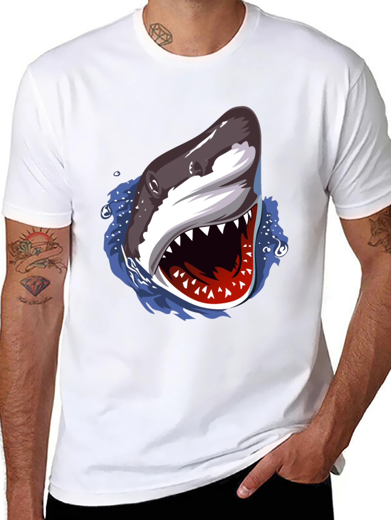 Shark Attack Graphic Print Black T-Shirt