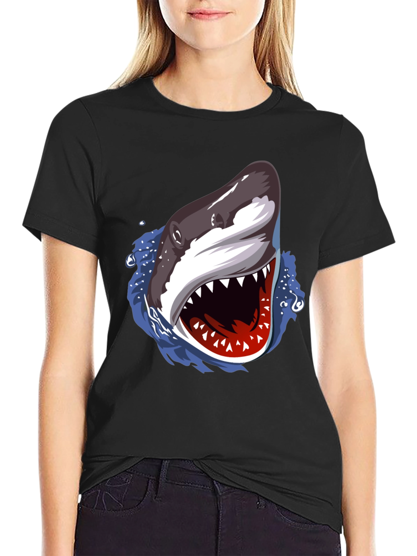 Shark Attack Graphic Print Black T-Shirt