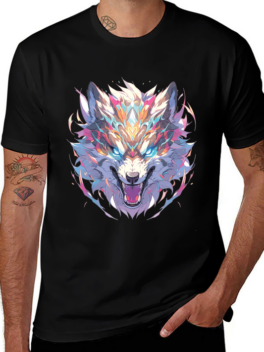 Mens Black Graphic Tee - Colorful Wolf Design