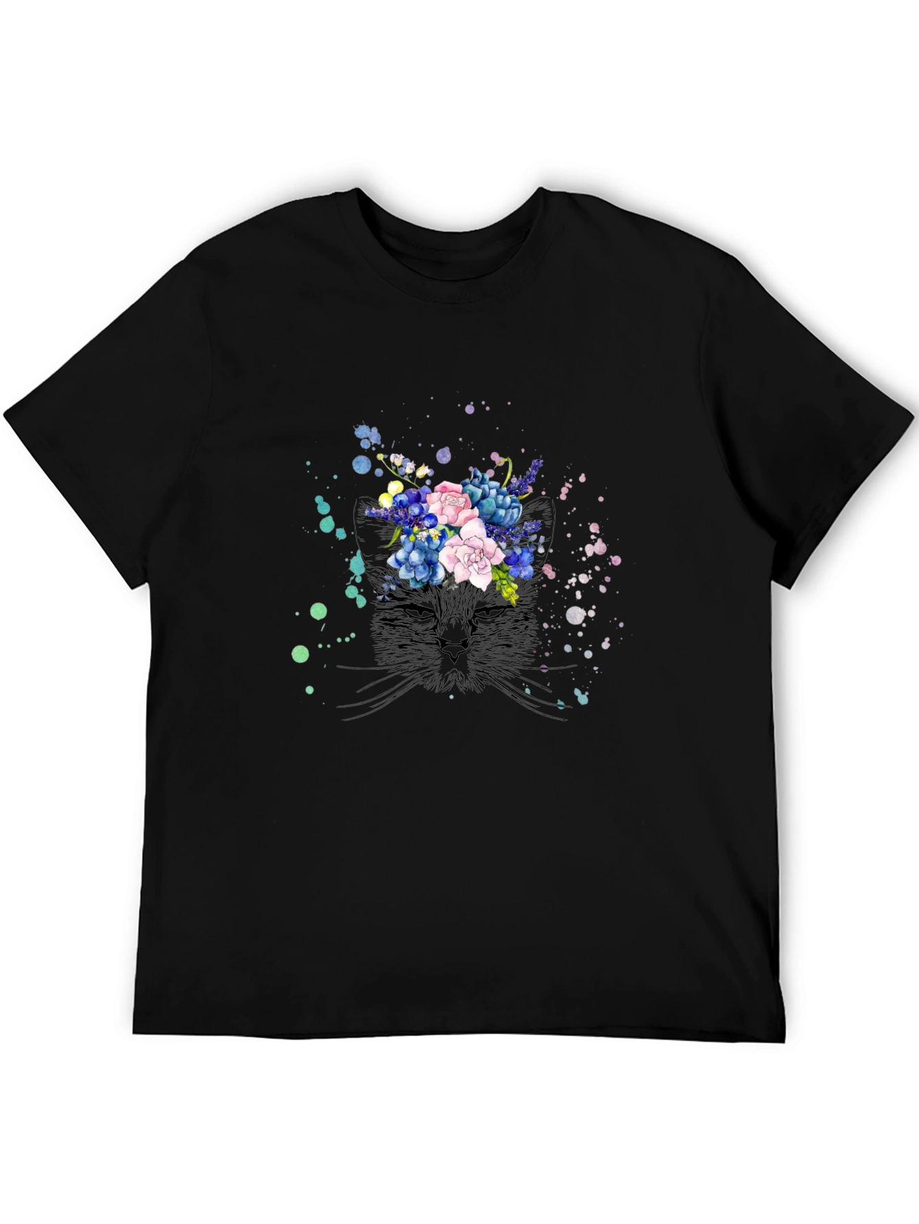 Floral Cat Black T-Shirt