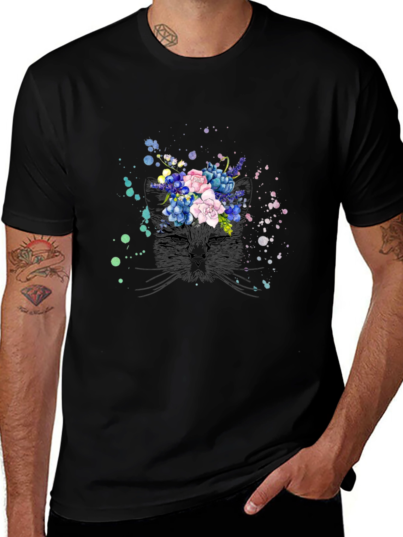 Floral Cat Black T-Shirt