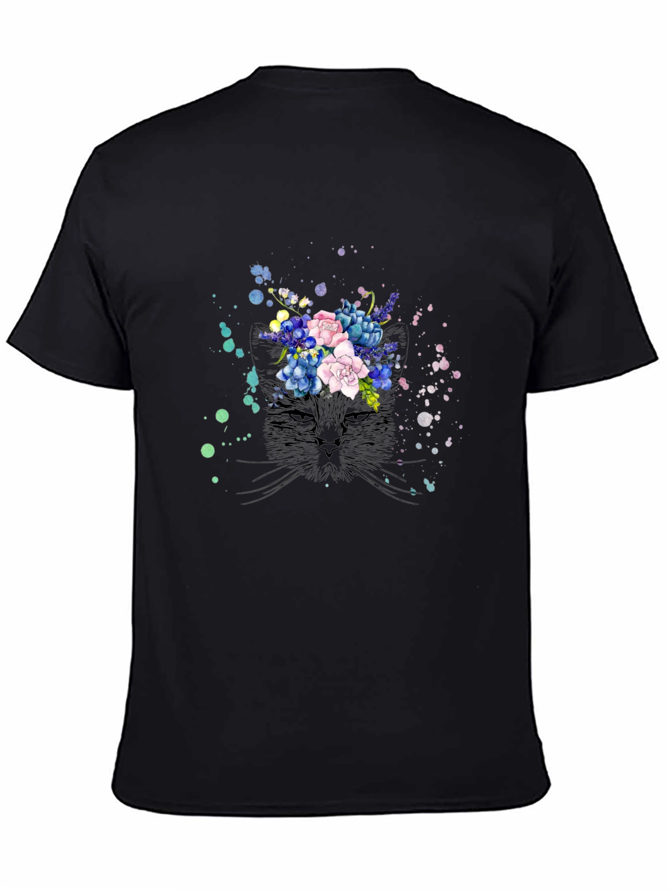 Floral Cat Black T-Shirt