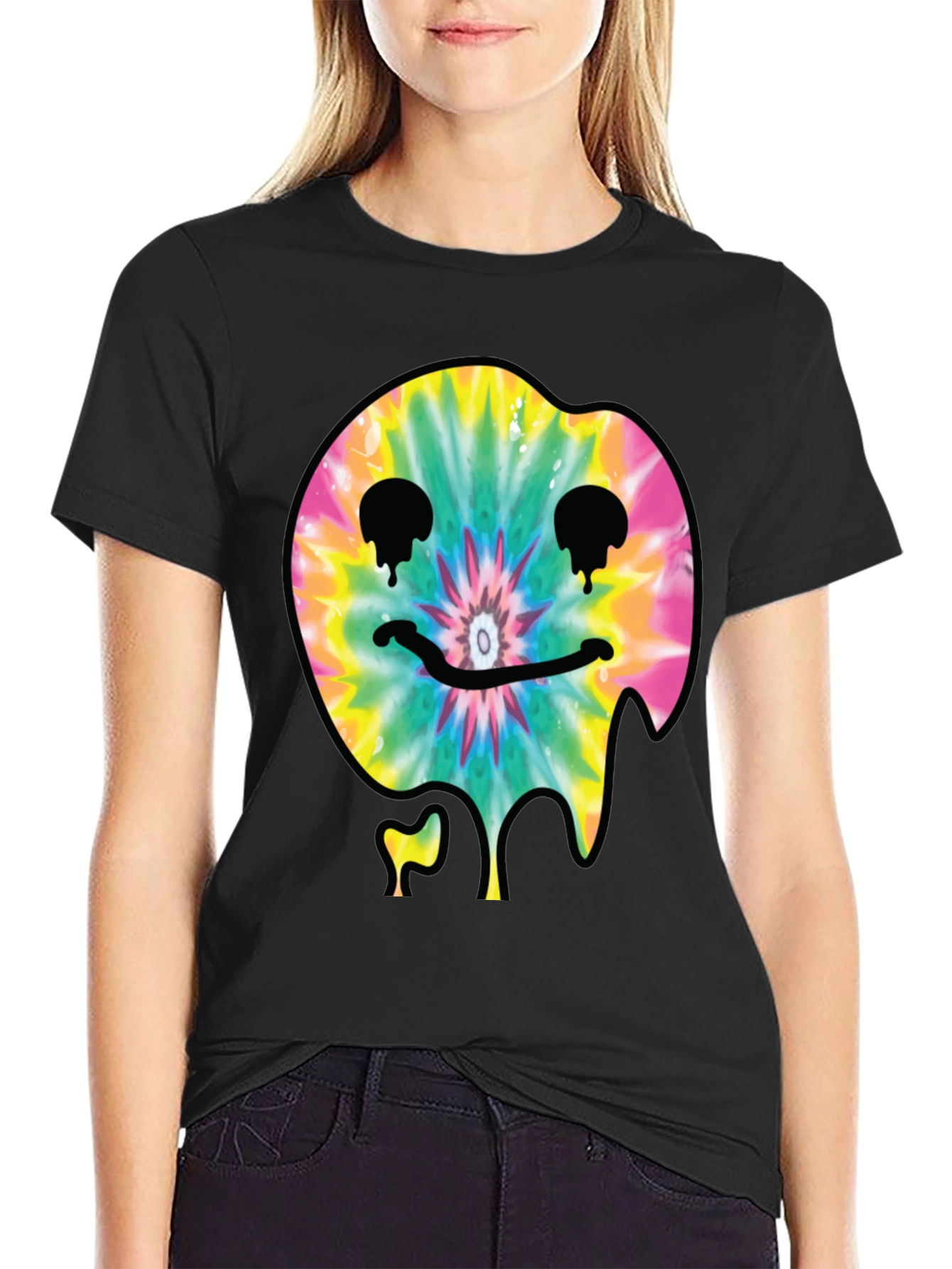 Tie-Dye Dripping Smiley Face Graphic T-Shirt