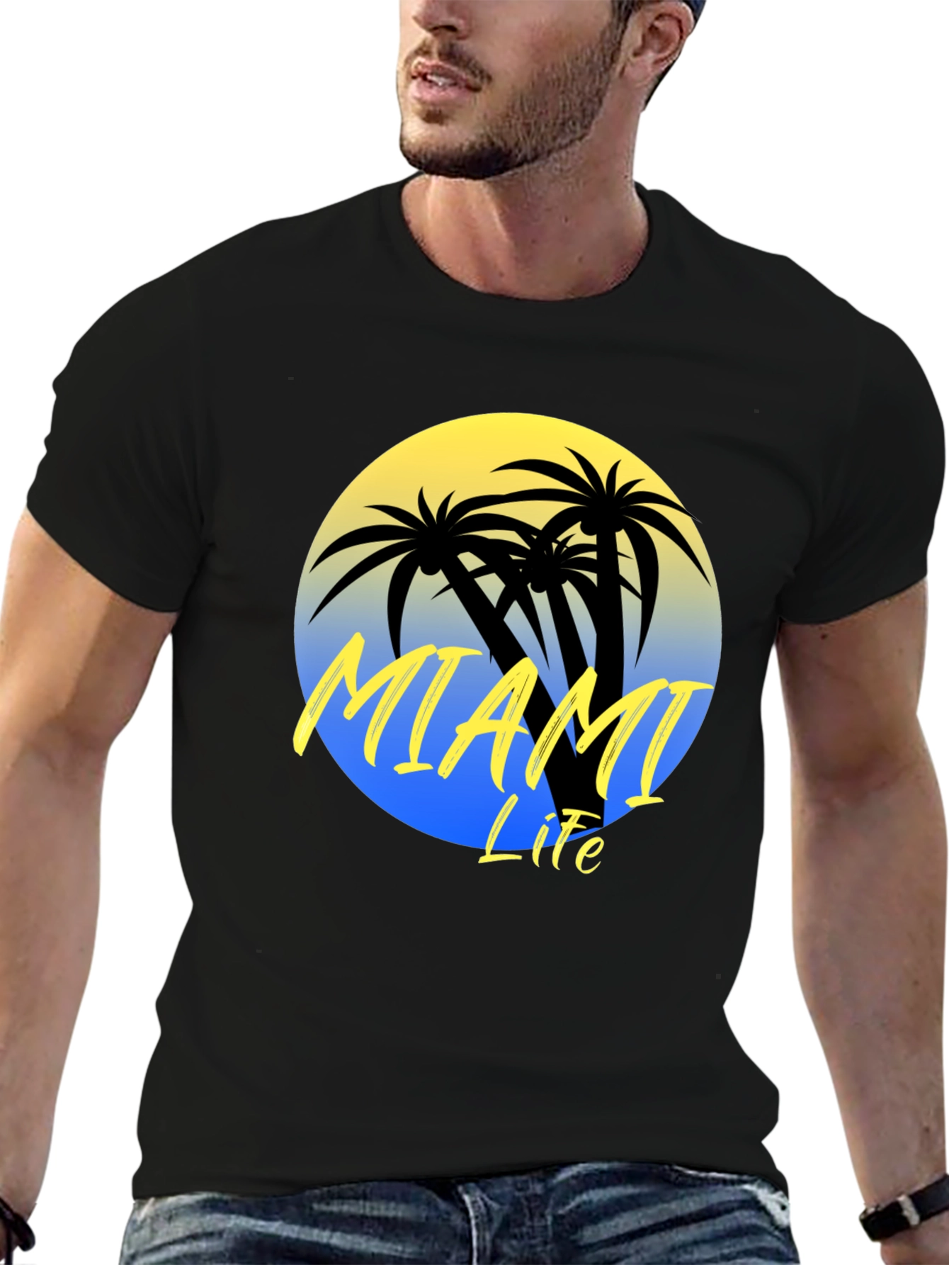 Miami Life Black Graphic T-Shirt Palm Tree Design