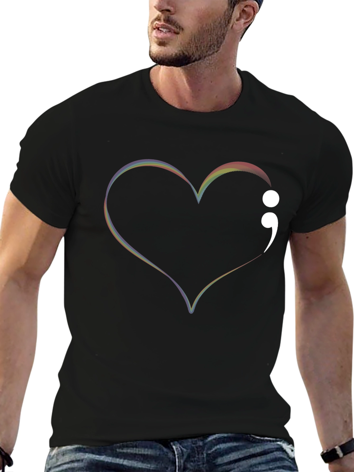 Rainbow Heart Semicolon Black Tee - Mental Health Awareness