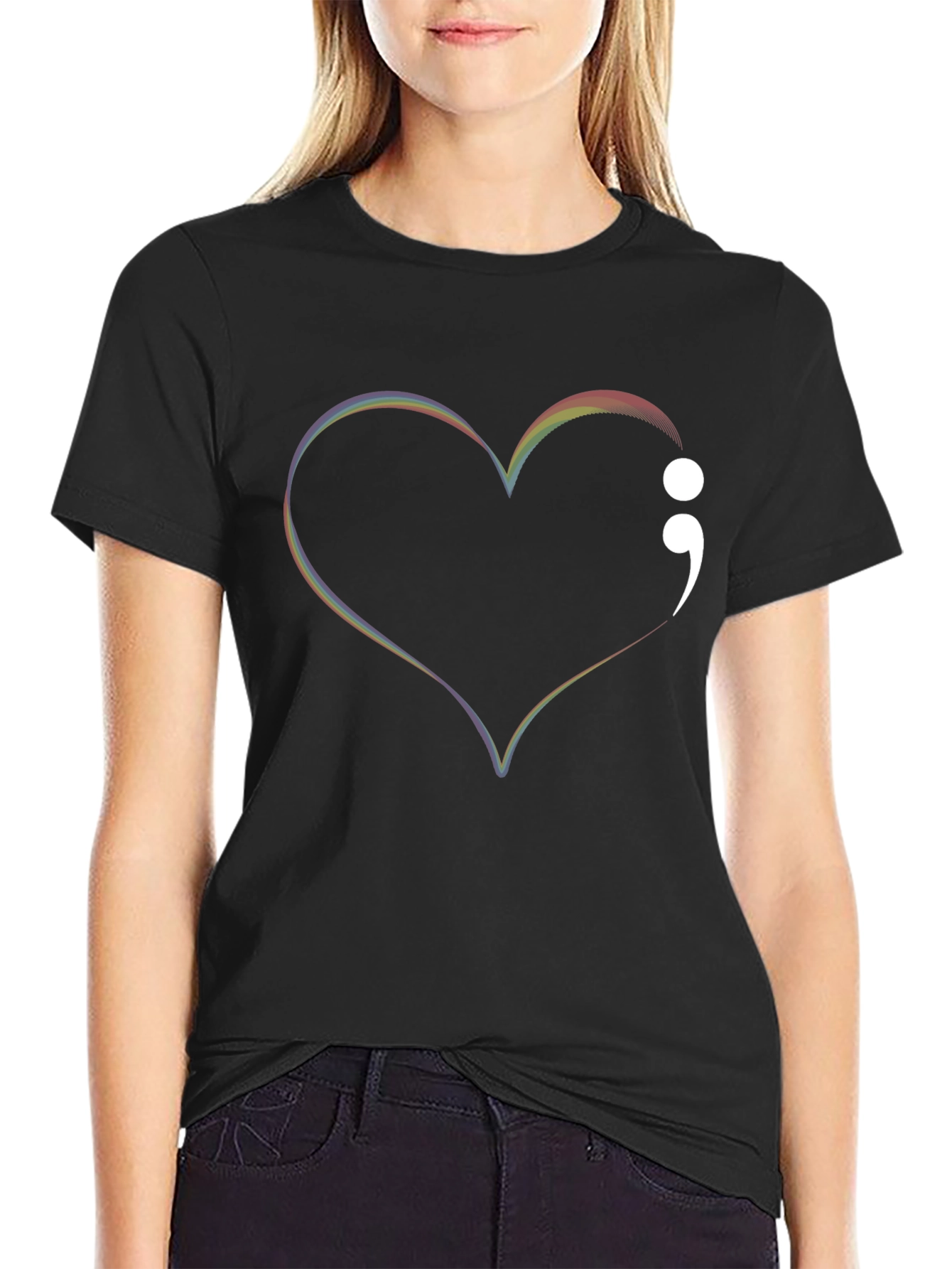 Rainbow Heart Semicolon Black Tee - Mental Health Awareness