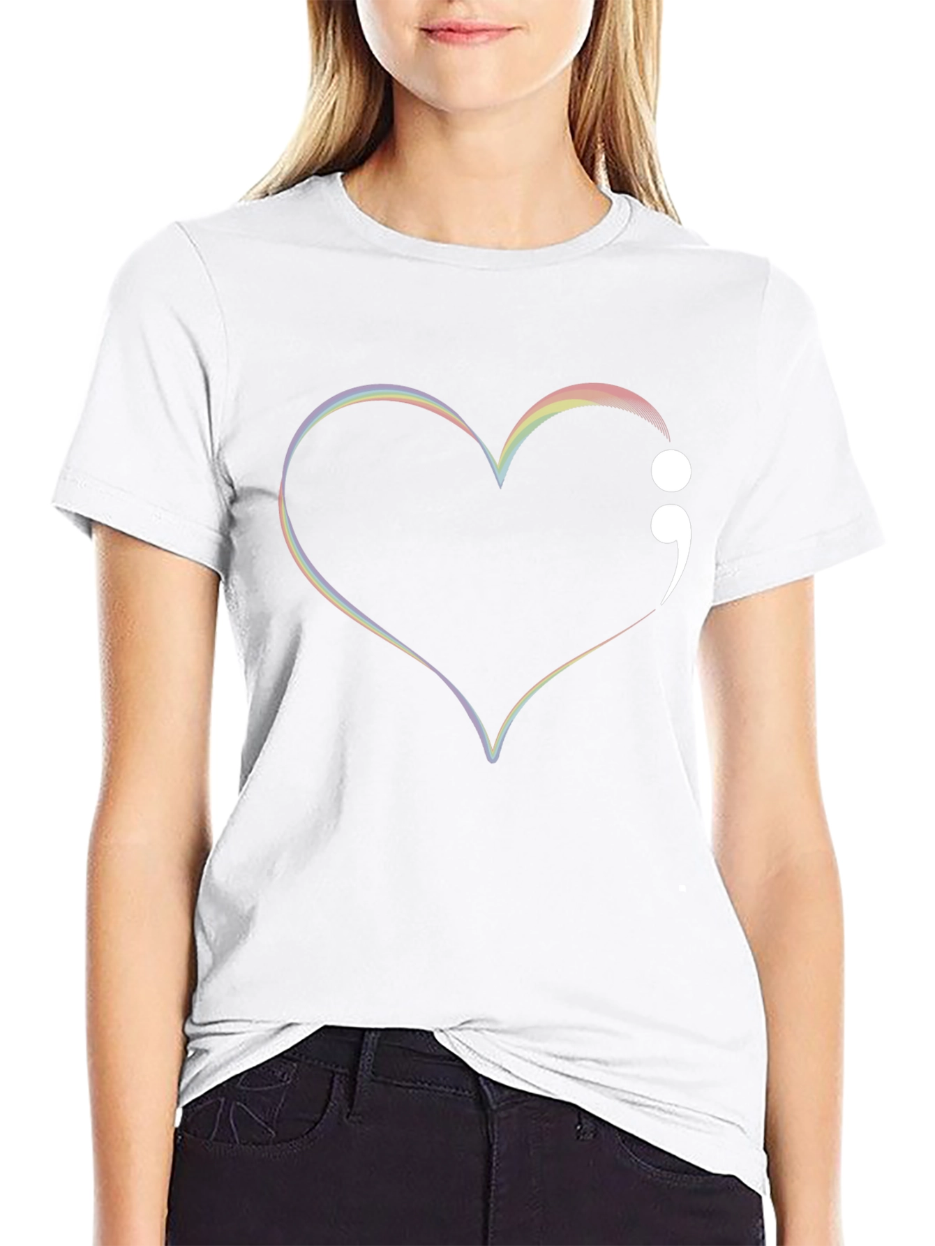 Rainbow Heart Semicolon Black Tee - Mental Health Awareness