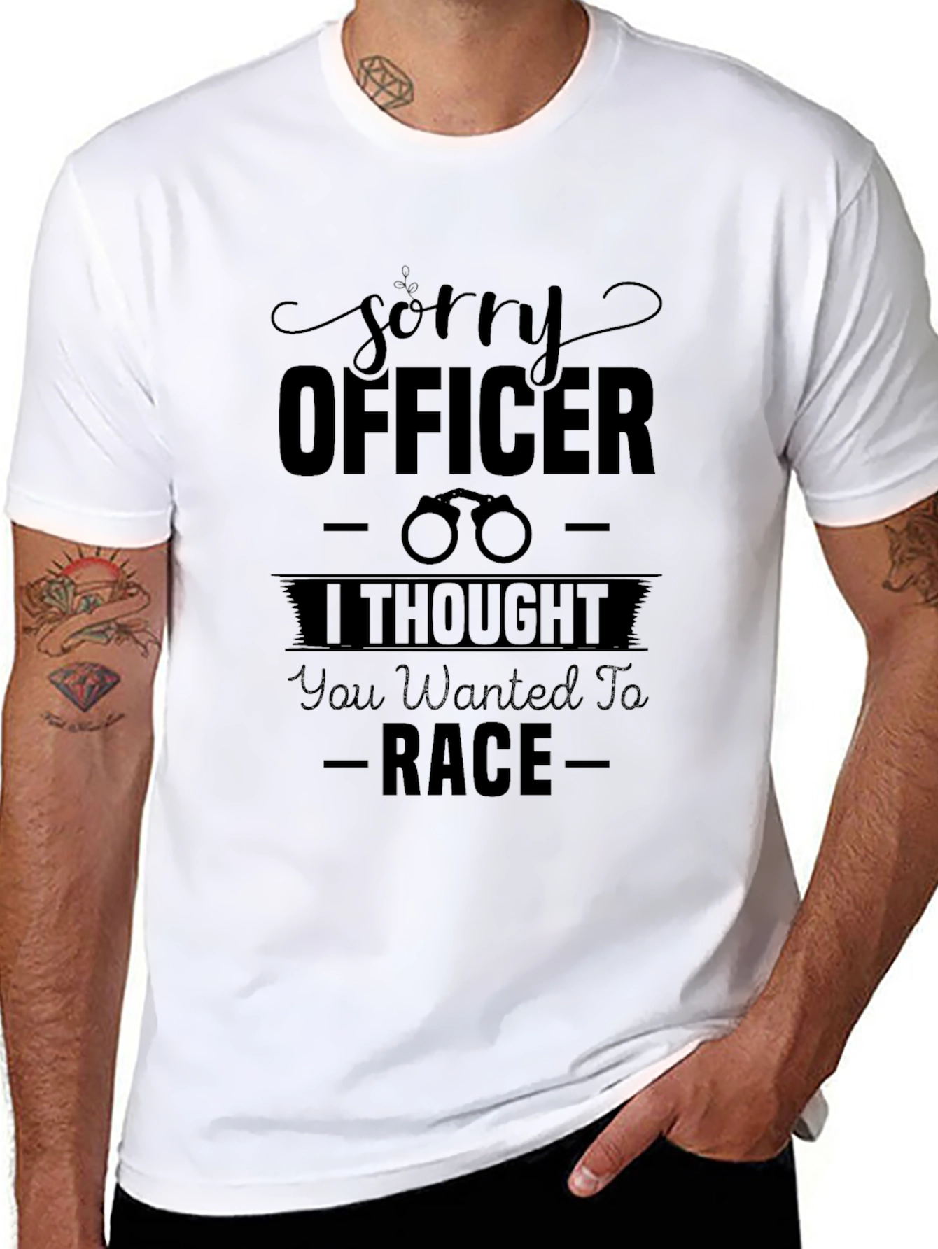 Sorry Officer Race Joke Black Cotton Graphic Tee