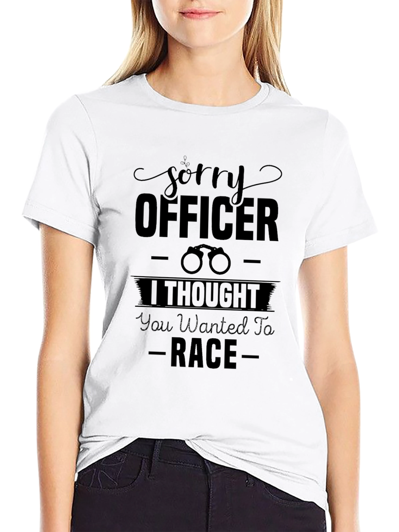 Sorry Officer Race Joke Black Cotton Graphic Tee