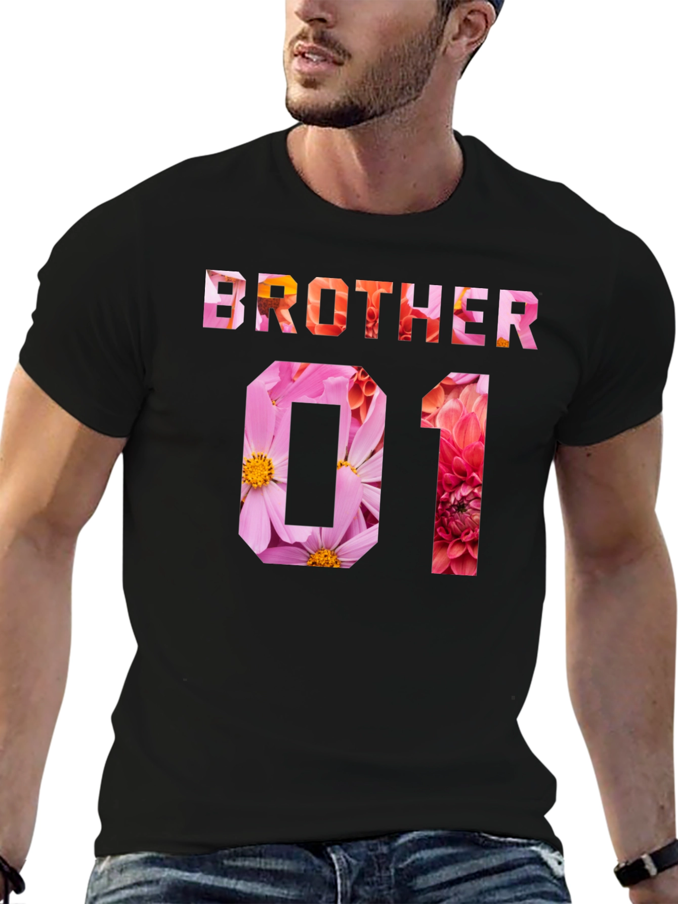 Brother 01 Floral Print Black T-Shirt