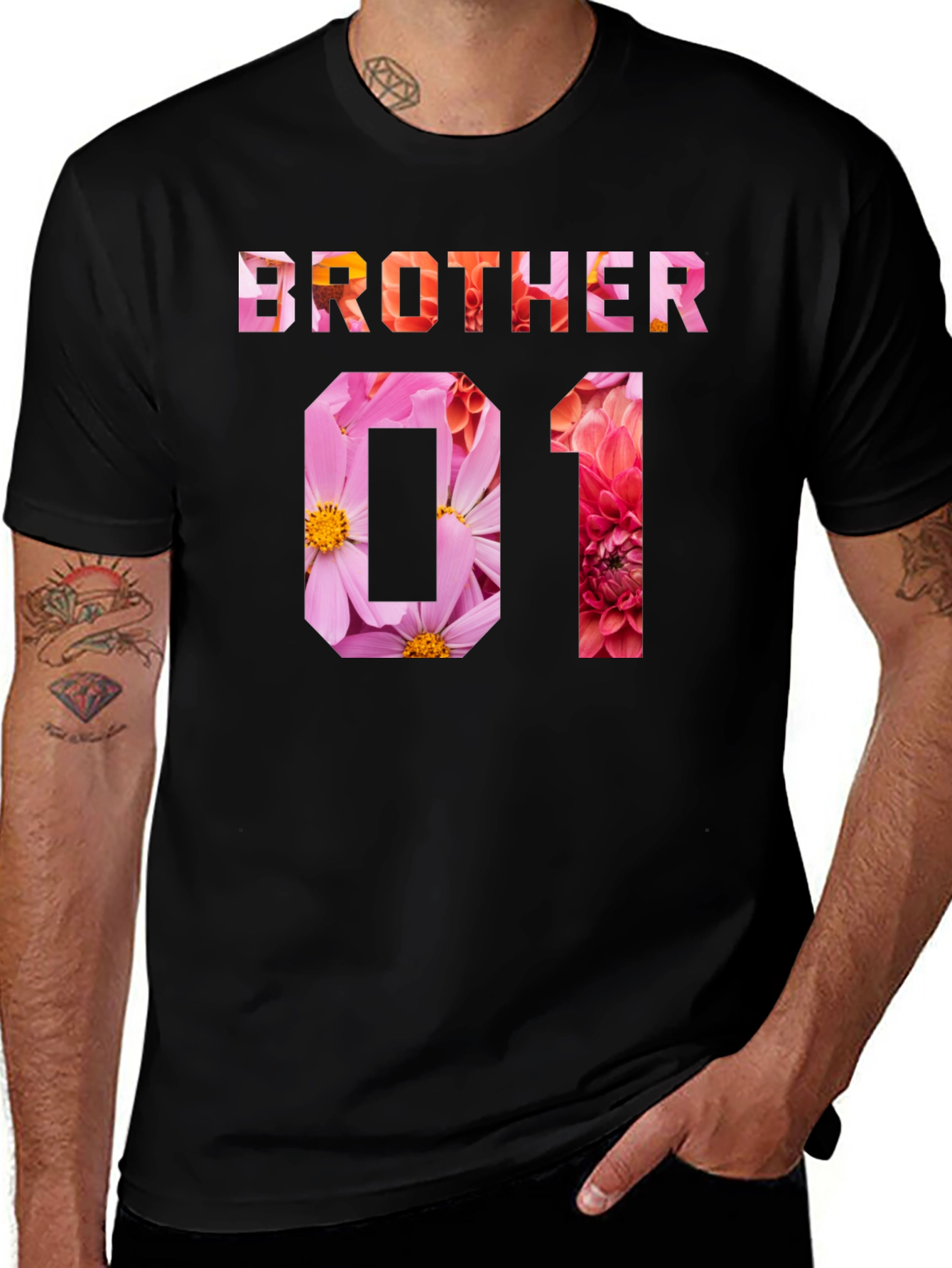Brother 01 Floral Print Black T-Shirt