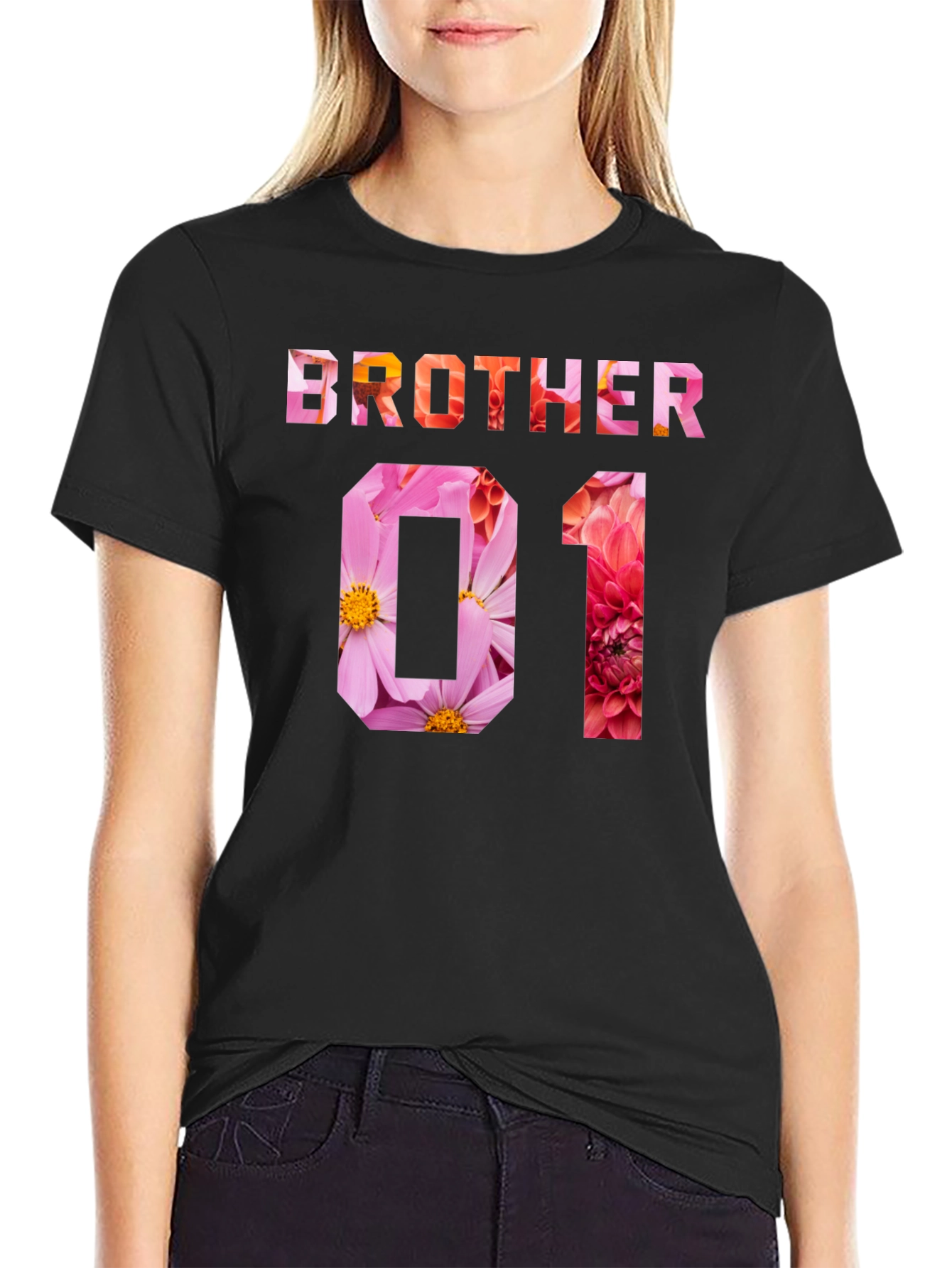 Brother 01 Floral Print Black T-Shirt