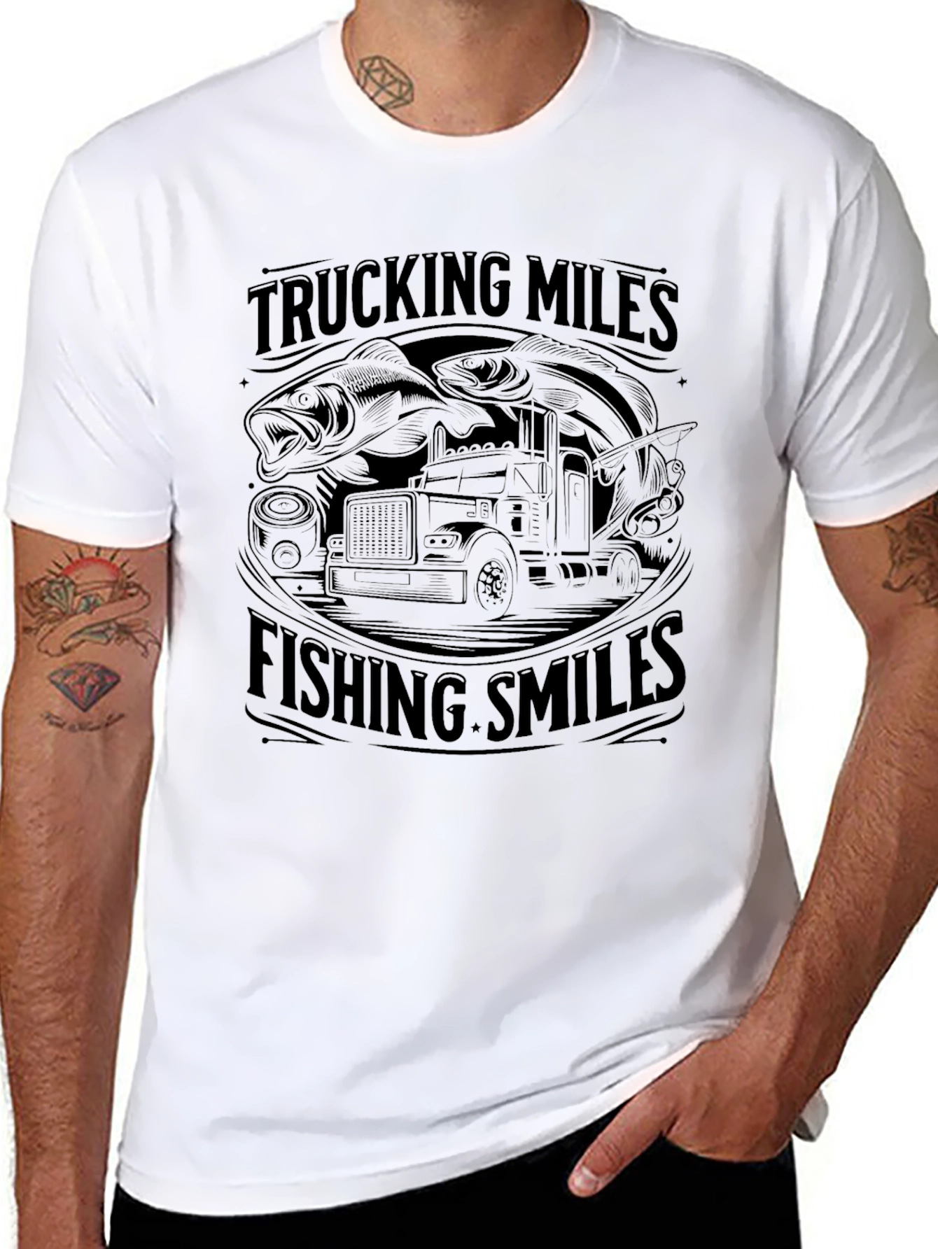 Trucking Miles Fishing Smiles Graphic Tee