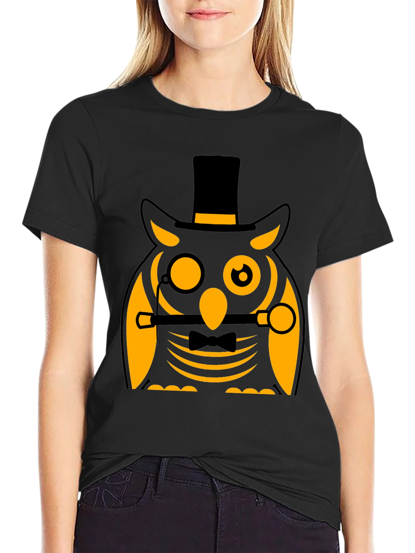 Dapper Owl T-Shirt: Black Cotton Blend Novelty Graphic