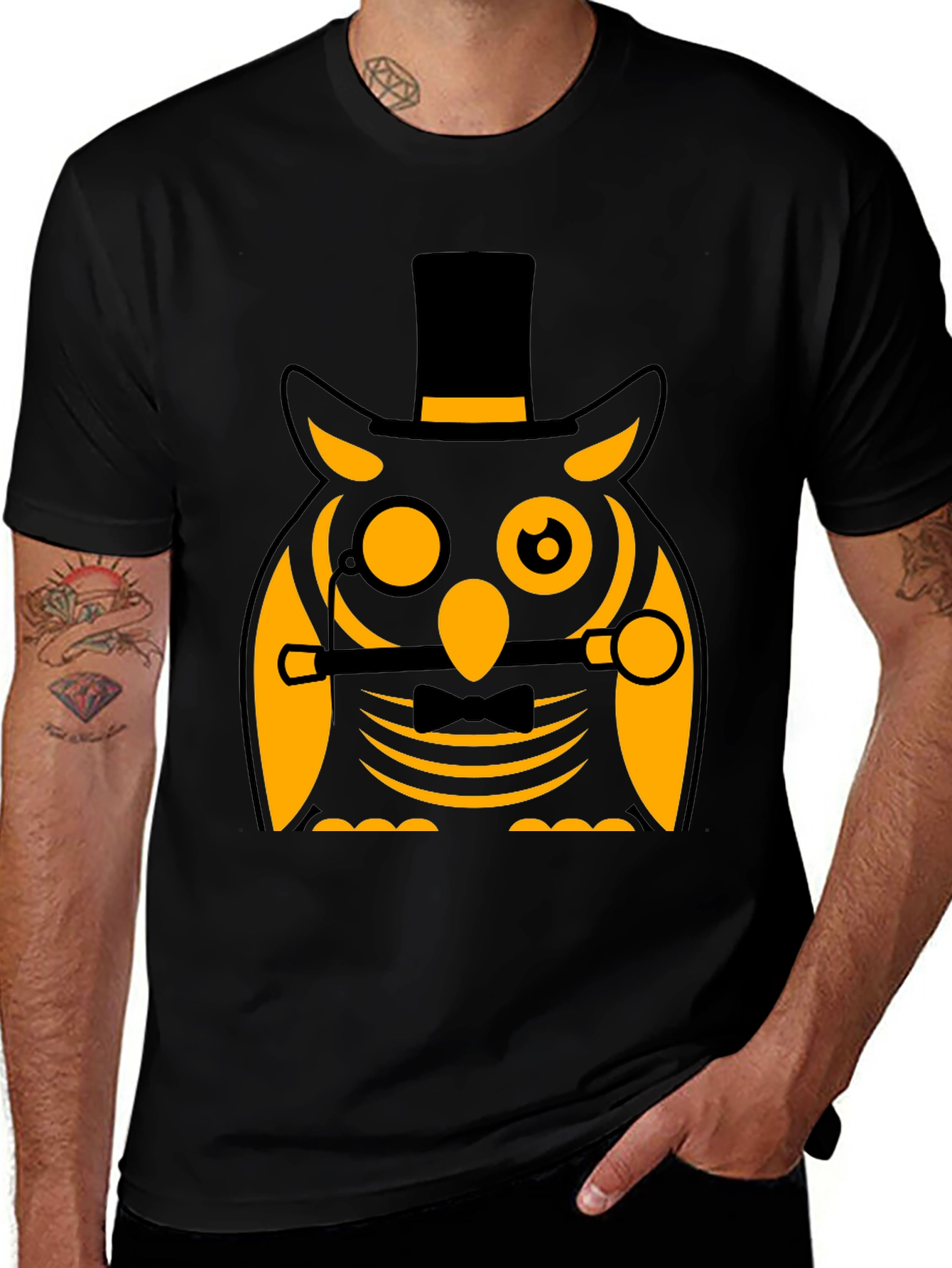Dapper Owl T-Shirt: Black Cotton Blend Novelty Graphic