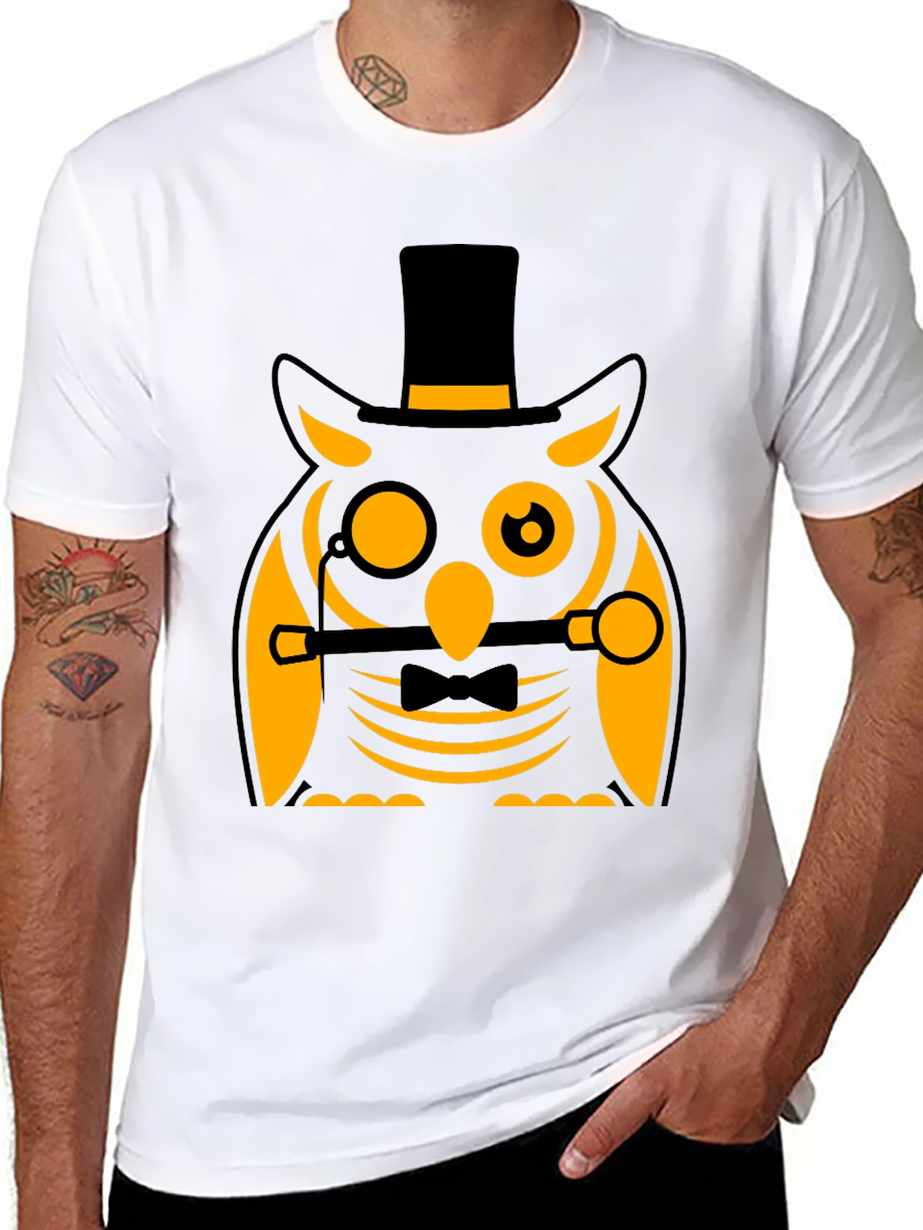 Dapper Owl T-Shirt: Black Cotton Blend Novelty Graphic