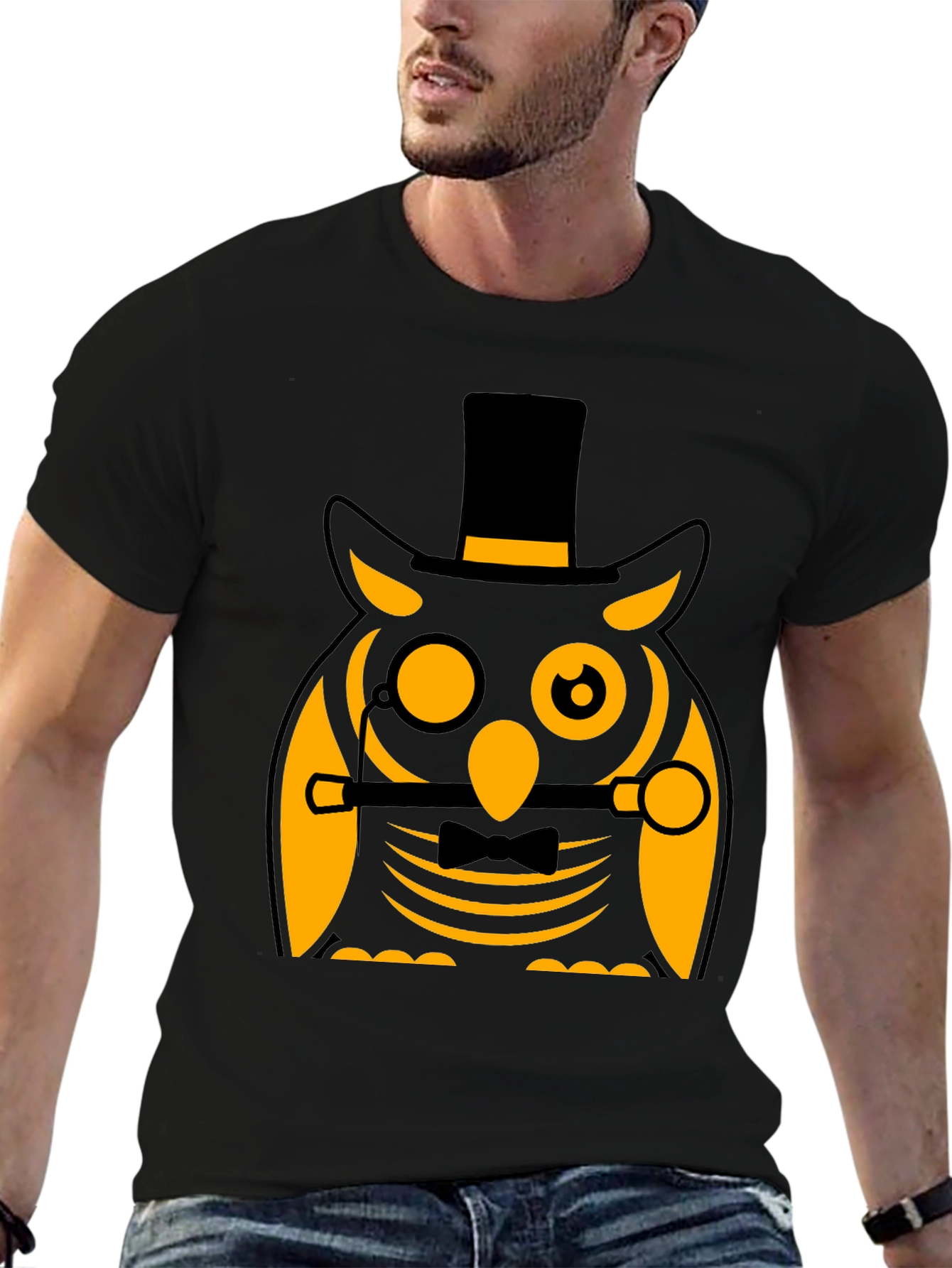 Dapper Owl T-Shirt: Black Cotton Blend Novelty Graphic