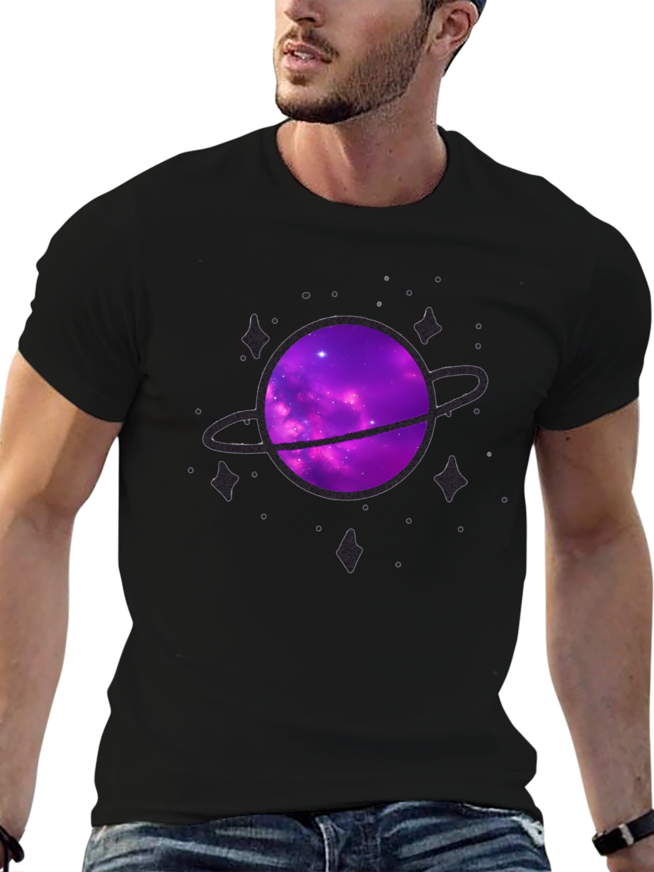 Galaxy Planet Graphic Tee - Black Crew Neck
