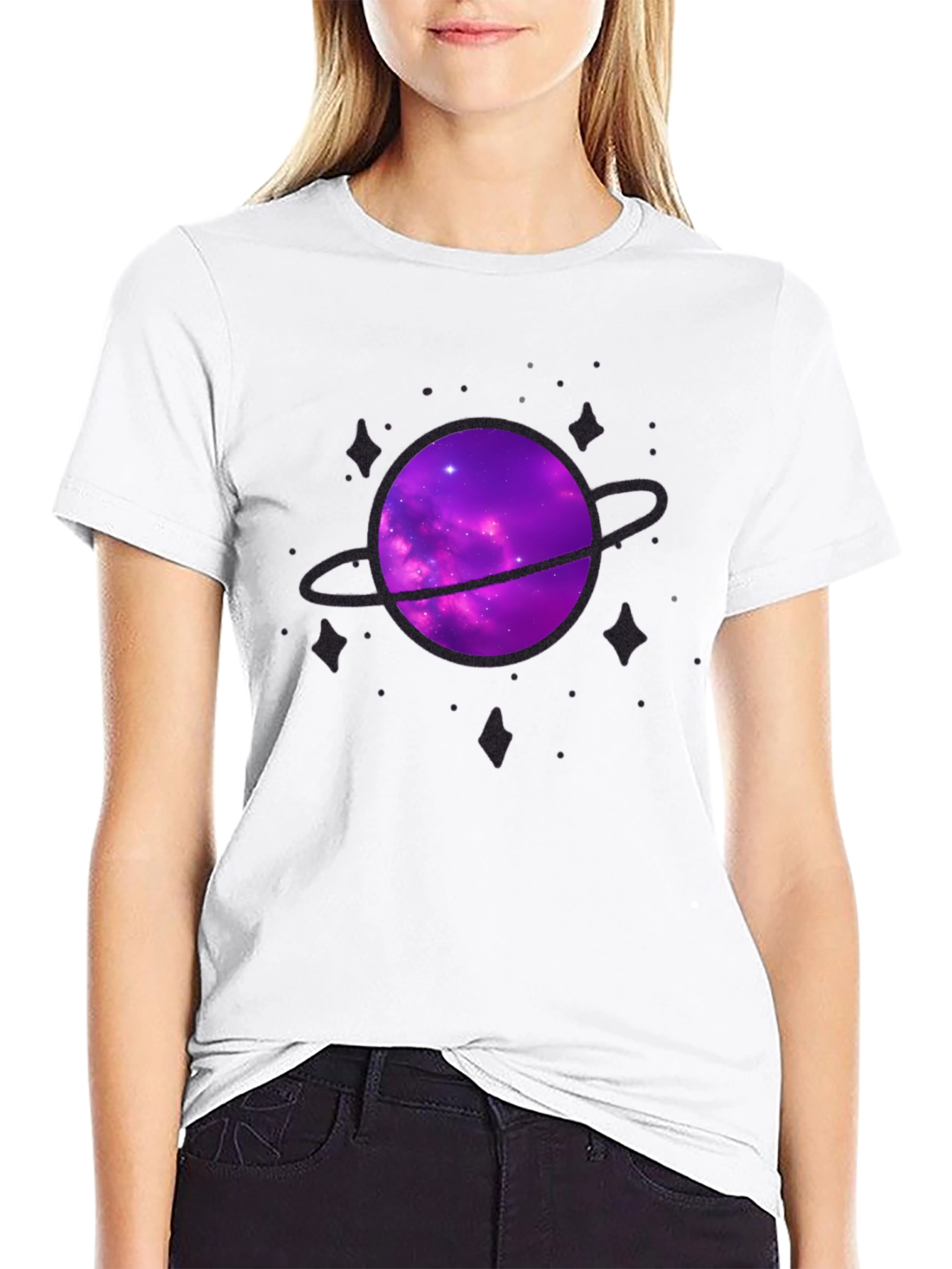Galaxy Planet Graphic Tee - Black Crew Neck
