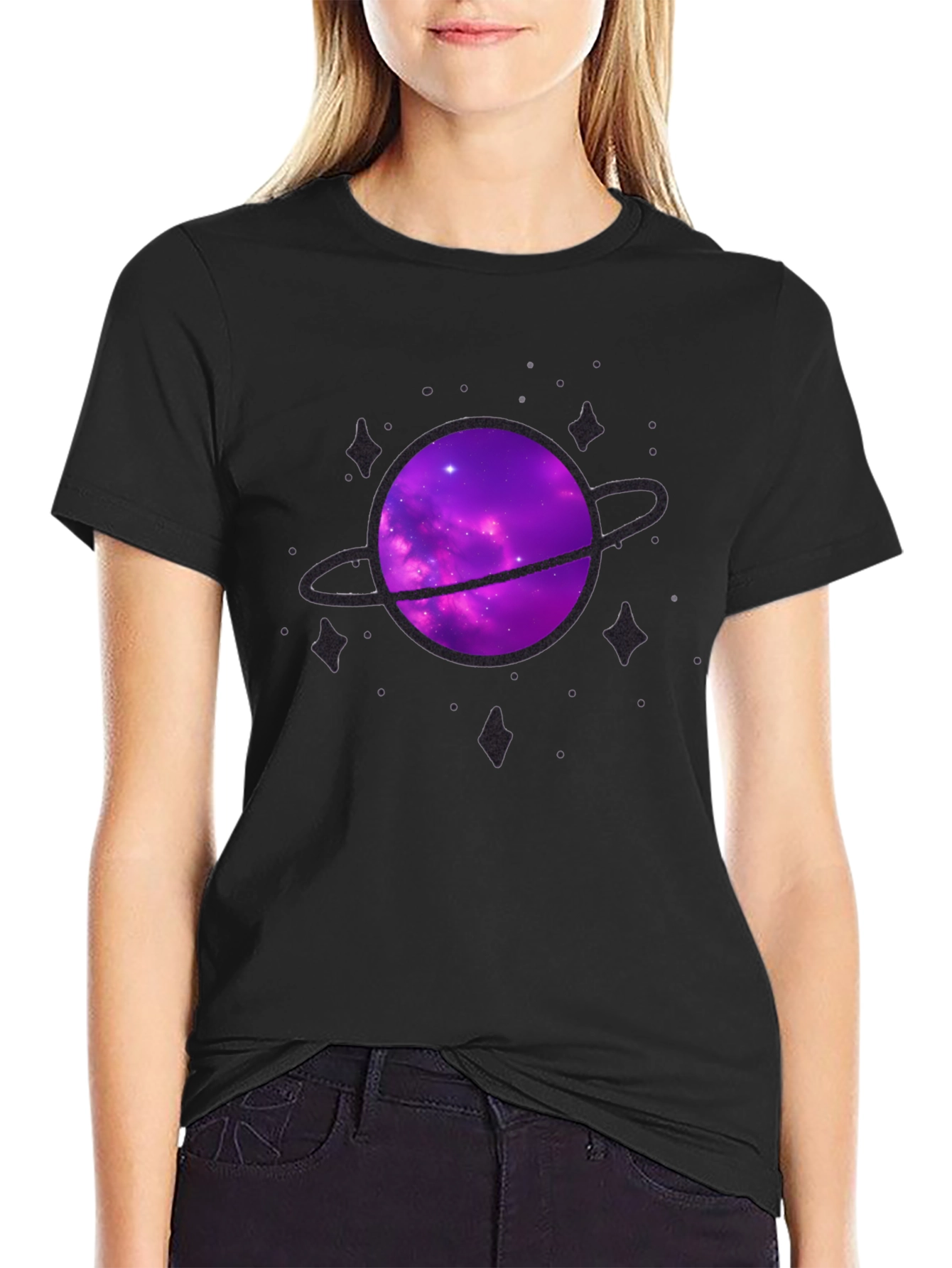 Galaxy Planet Graphic Tee - Black Crew Neck
