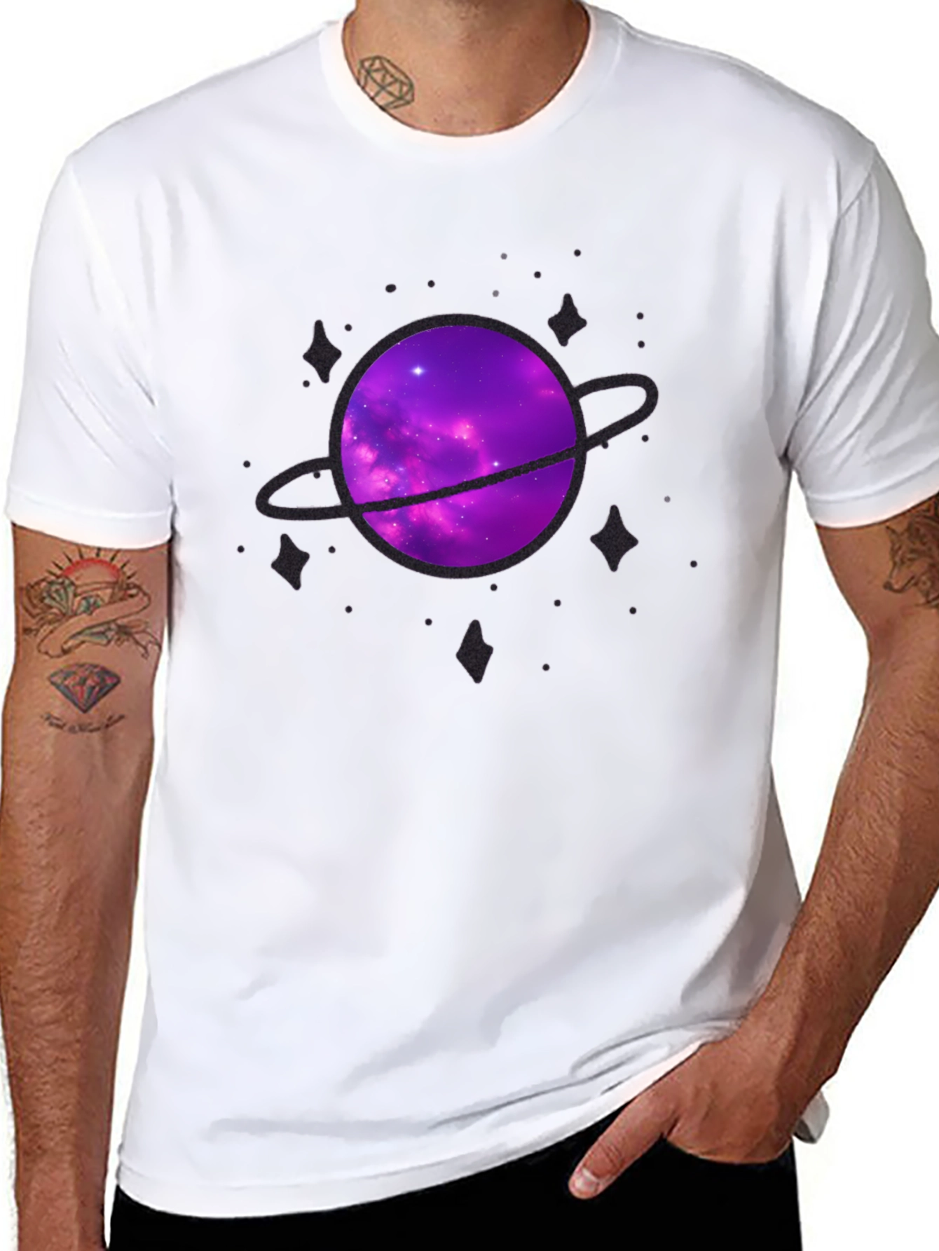Galaxy Planet Graphic Tee - Black Crew Neck