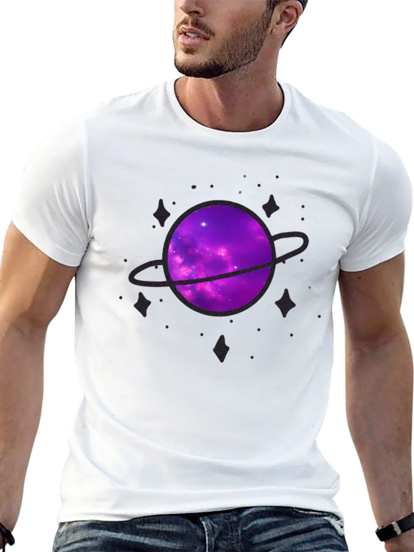 Galaxy Planet Graphic Tee - Black Crew Neck