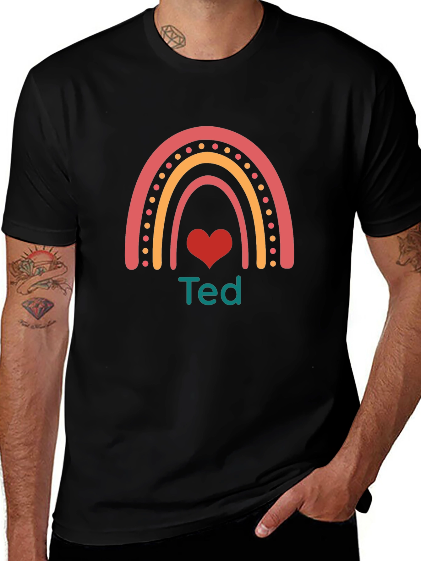 Personalized Ted Rainbow Heart T-Shirt - Black