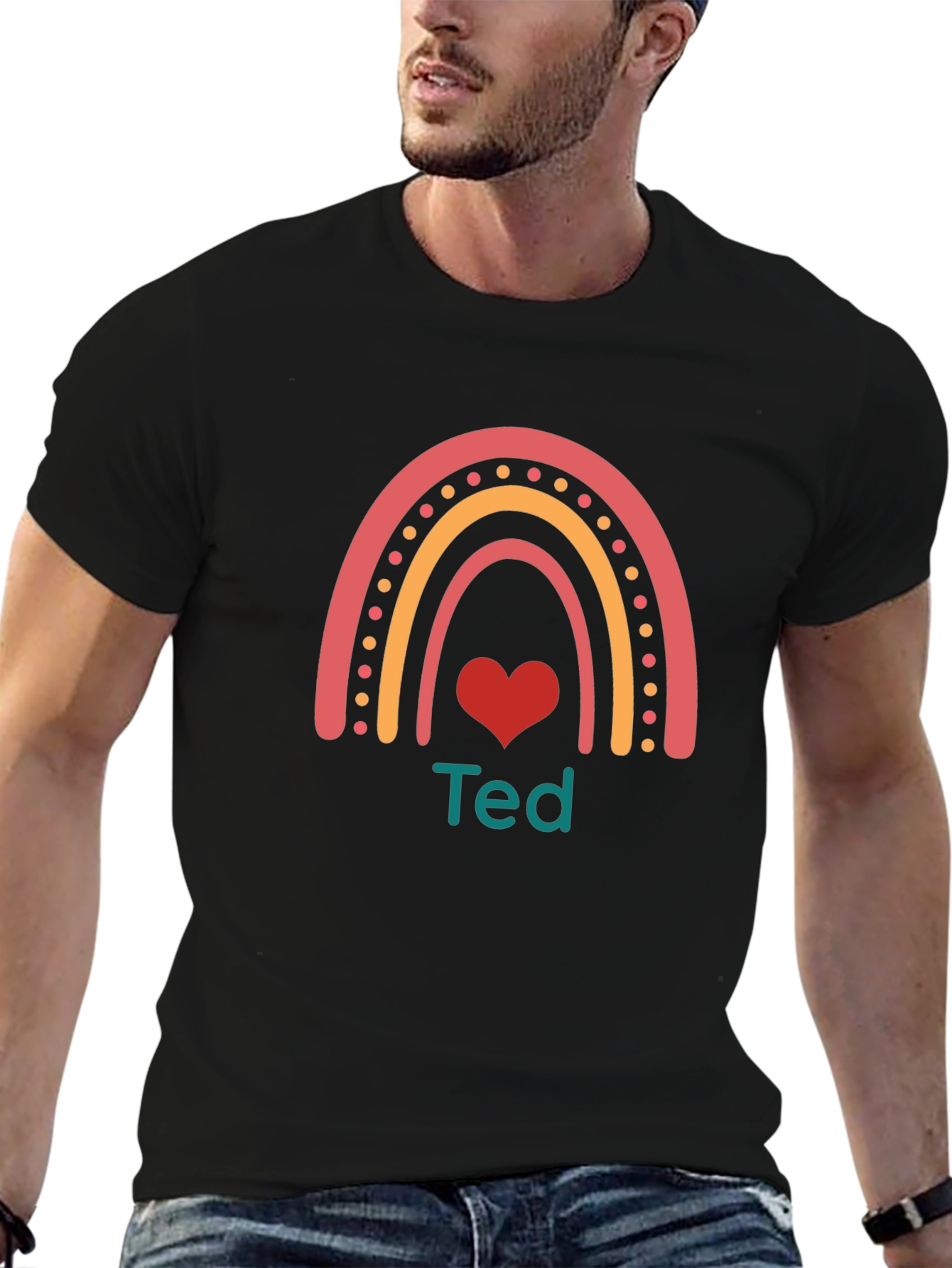 Personalized Ted Rainbow Heart T-Shirt - Black