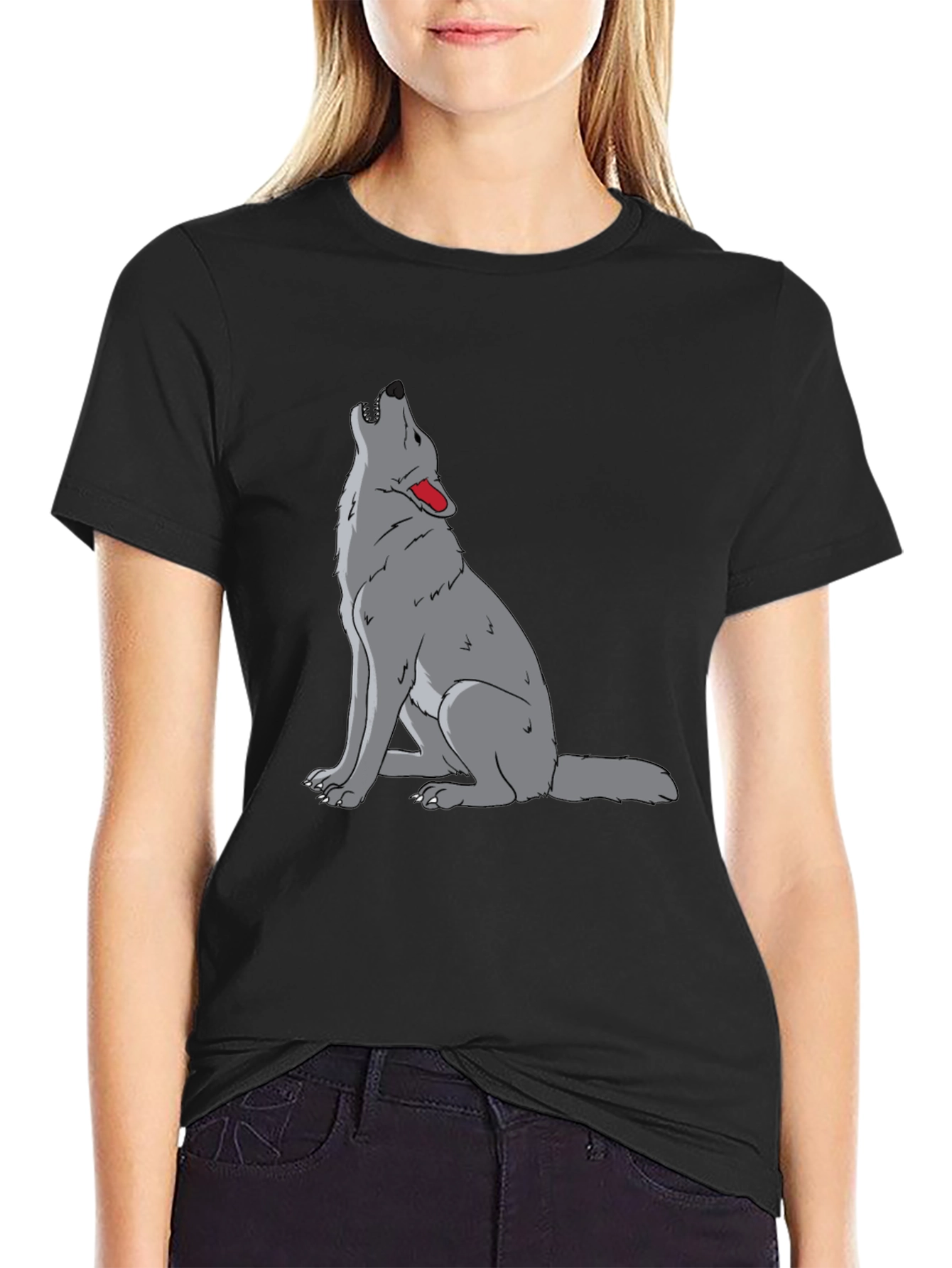 Mens Black T-Shirt with Wolf Howl Design