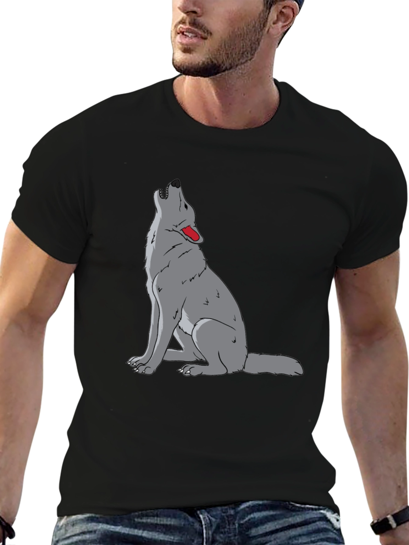 Mens Black T-Shirt with Wolf Howl Design