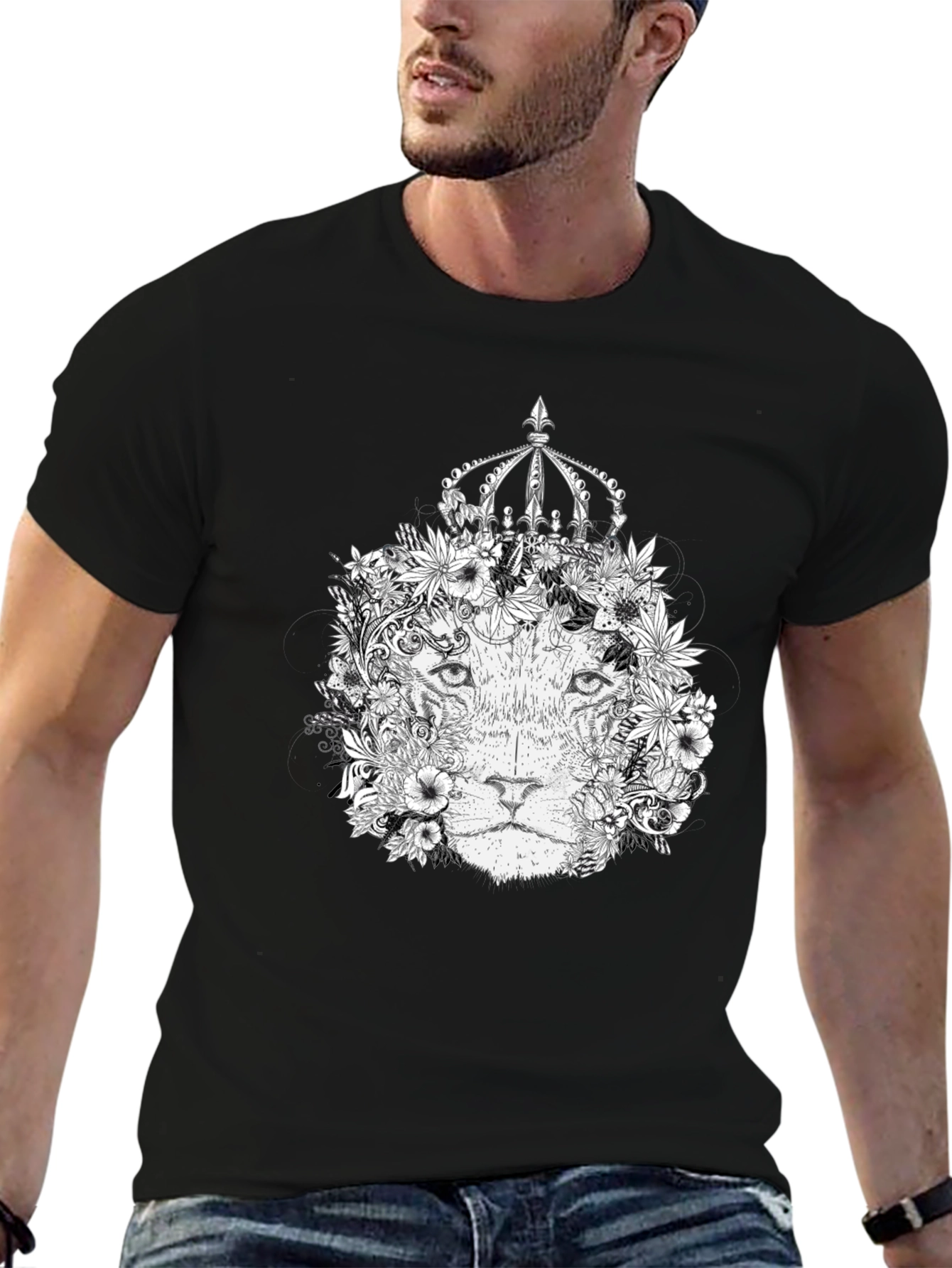 Floral Lion King Graphic Tee - Black