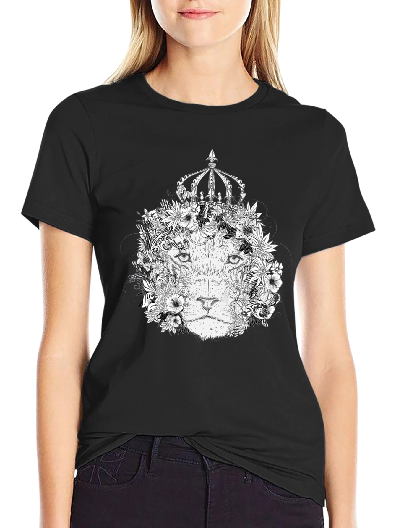 Floral Lion King Graphic Tee - Black