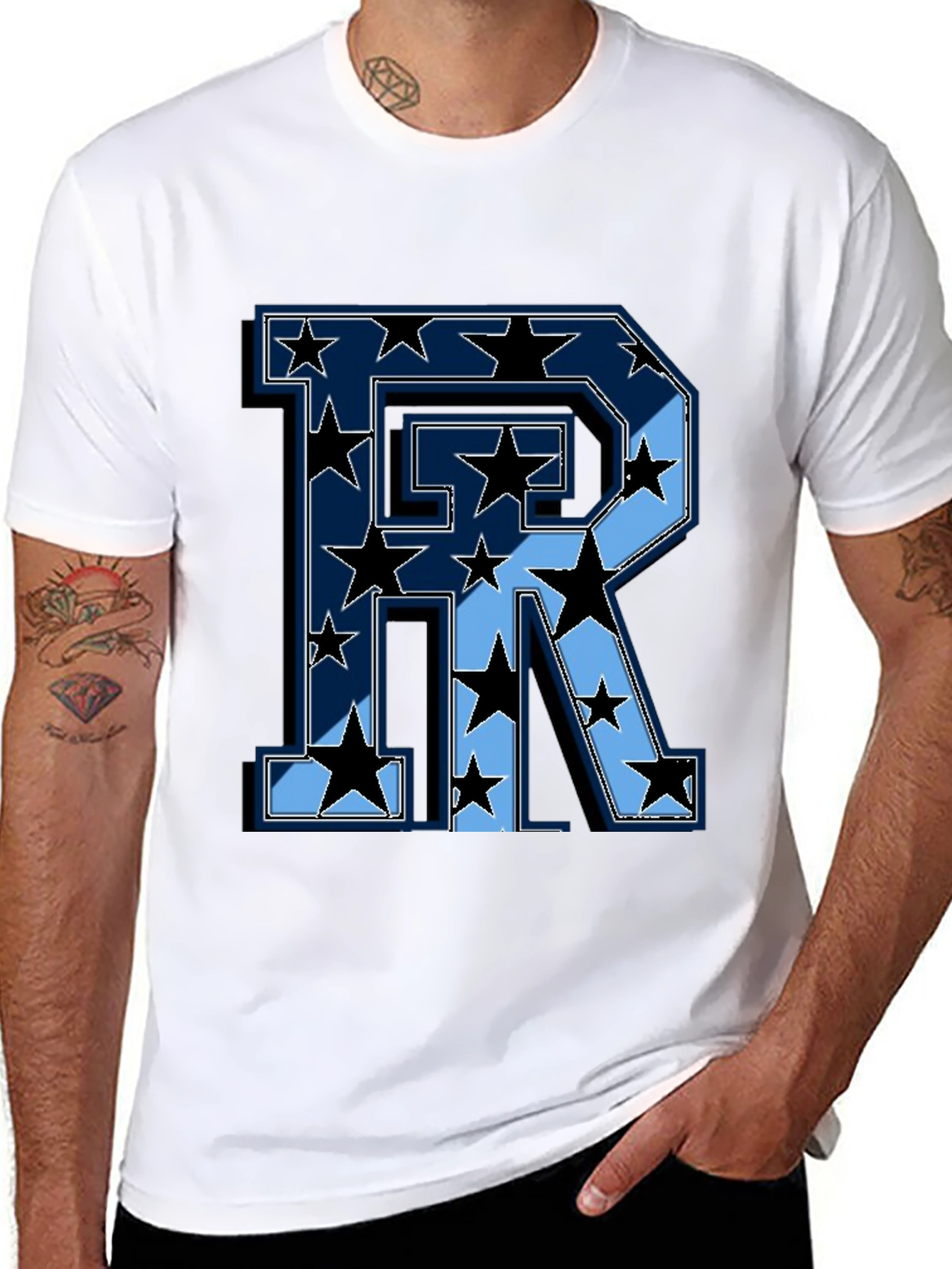 Starry Letter R Graphic Print Mens Black T-Shirt