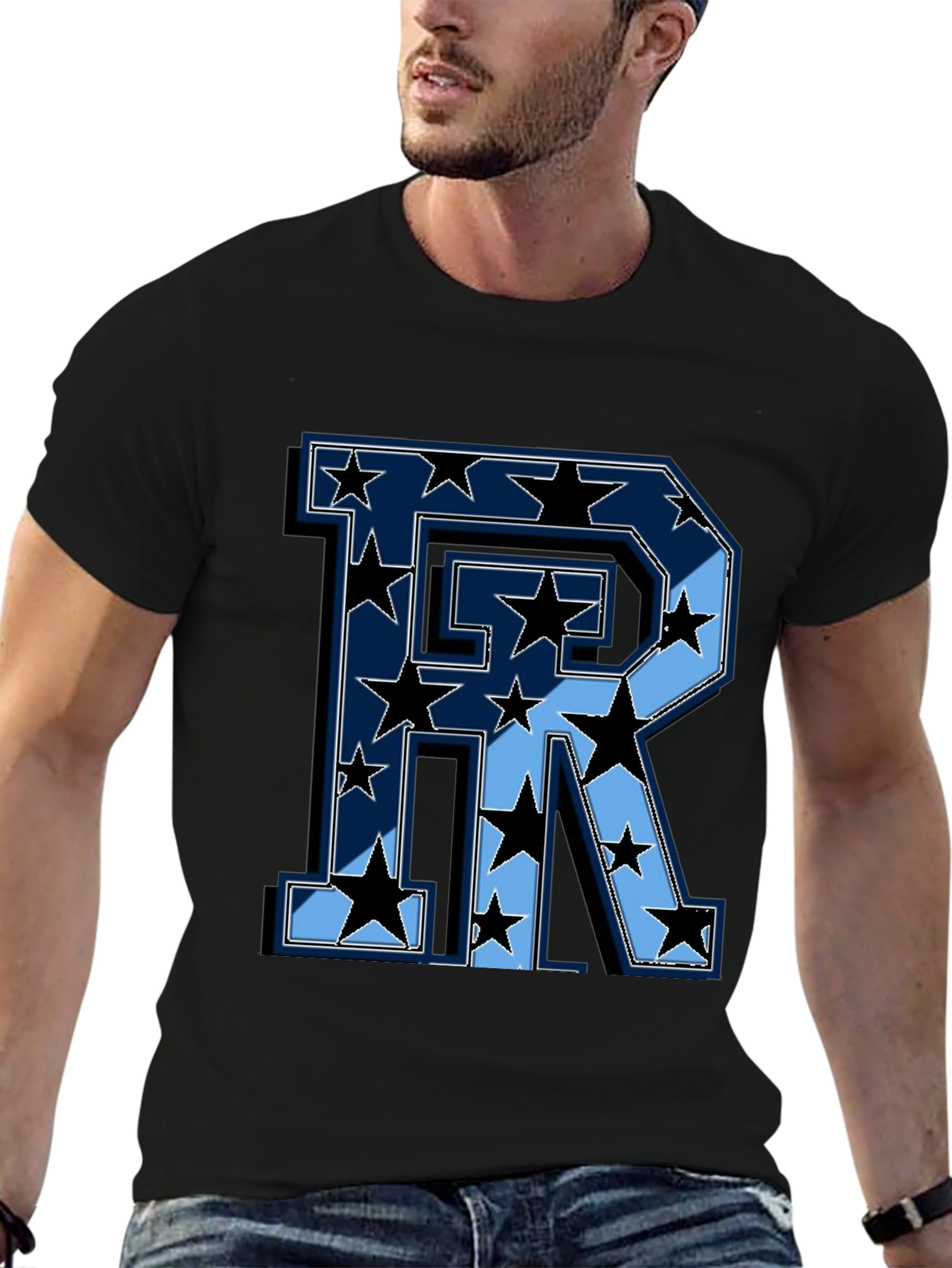 Starry Letter R Graphic Print Mens Black T-Shirt