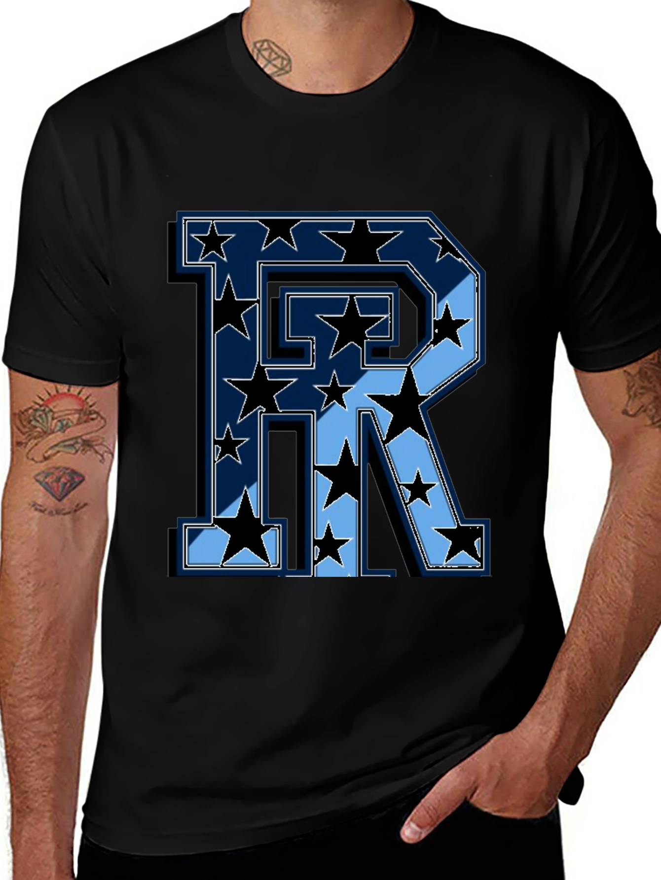 Starry Letter R Graphic Print Mens Black T-Shirt