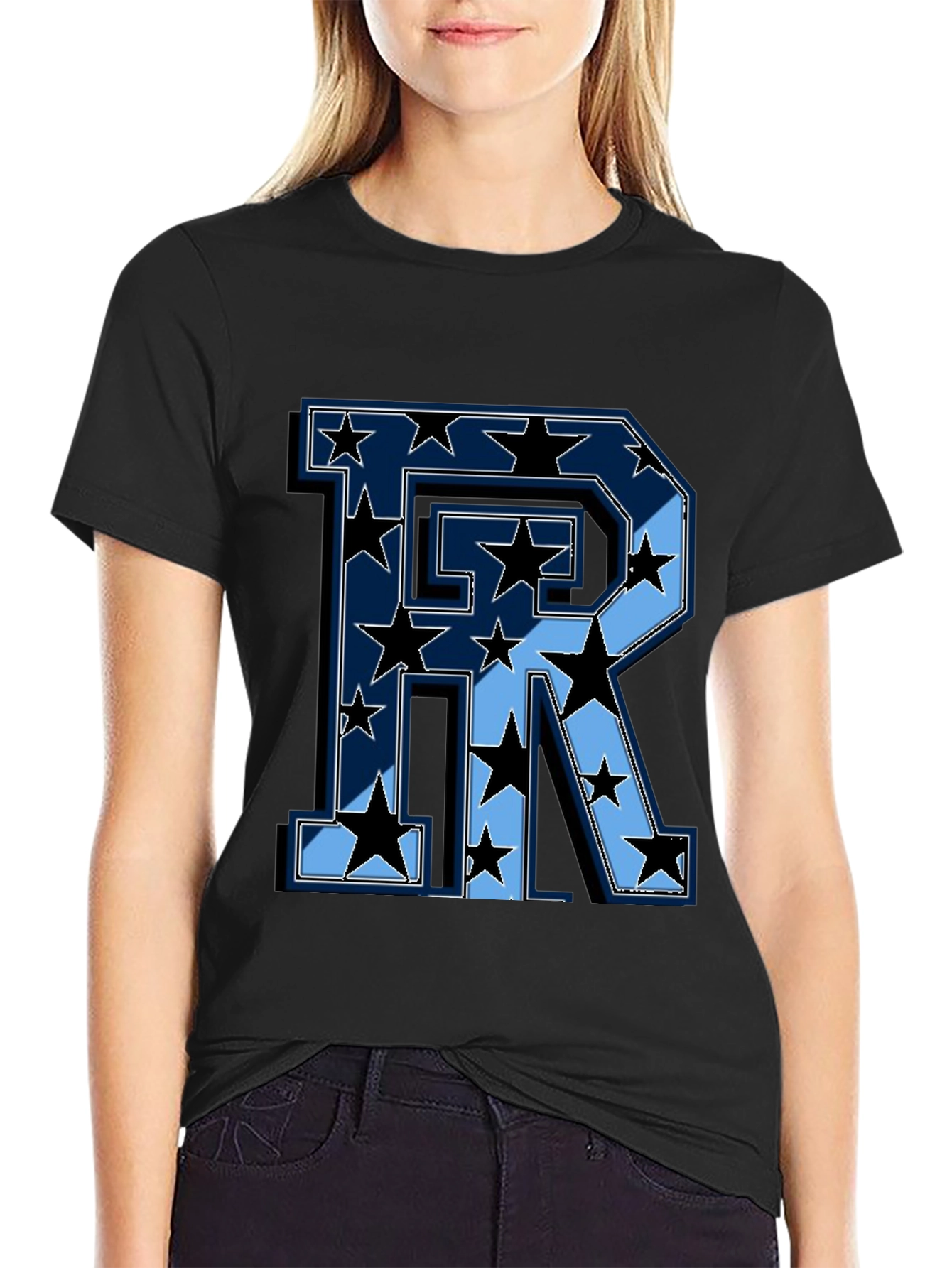 Starry Letter R Graphic Print Mens Black T-Shirt
