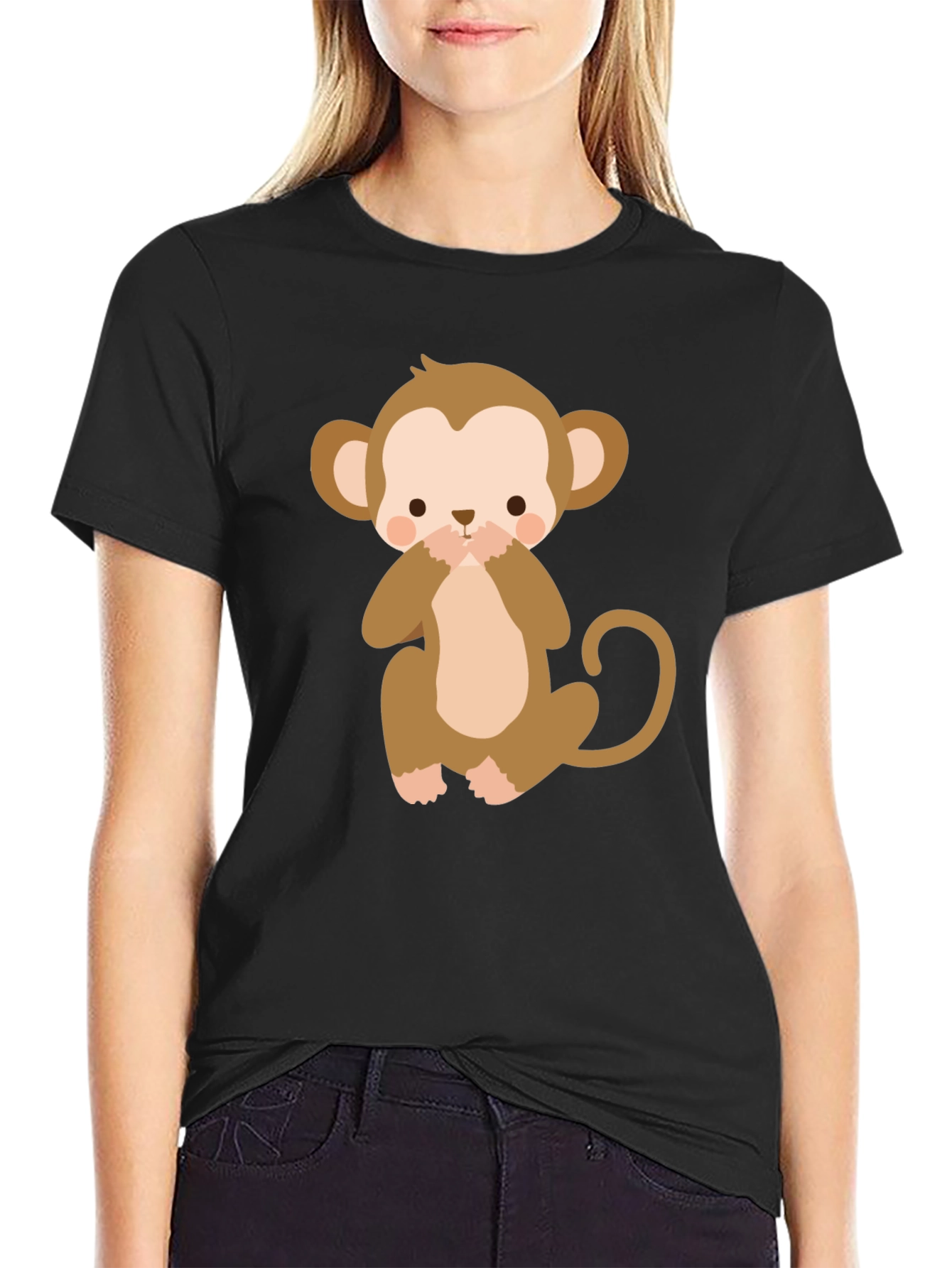 Cute Monkey Graphic Tee - Black Cotton T-Shirt