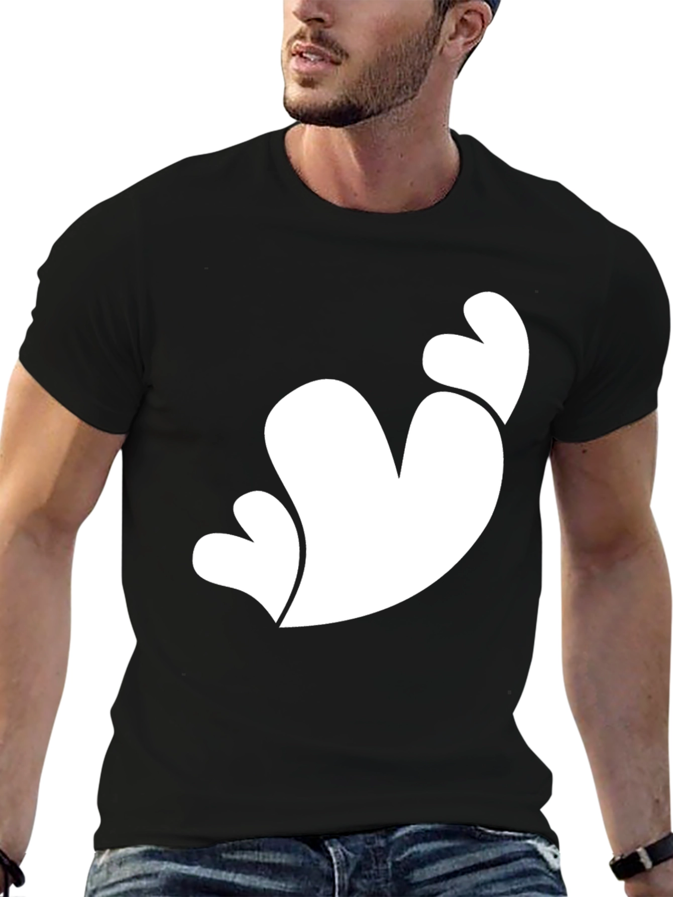 Black T-Shirt with White Heart Graphic