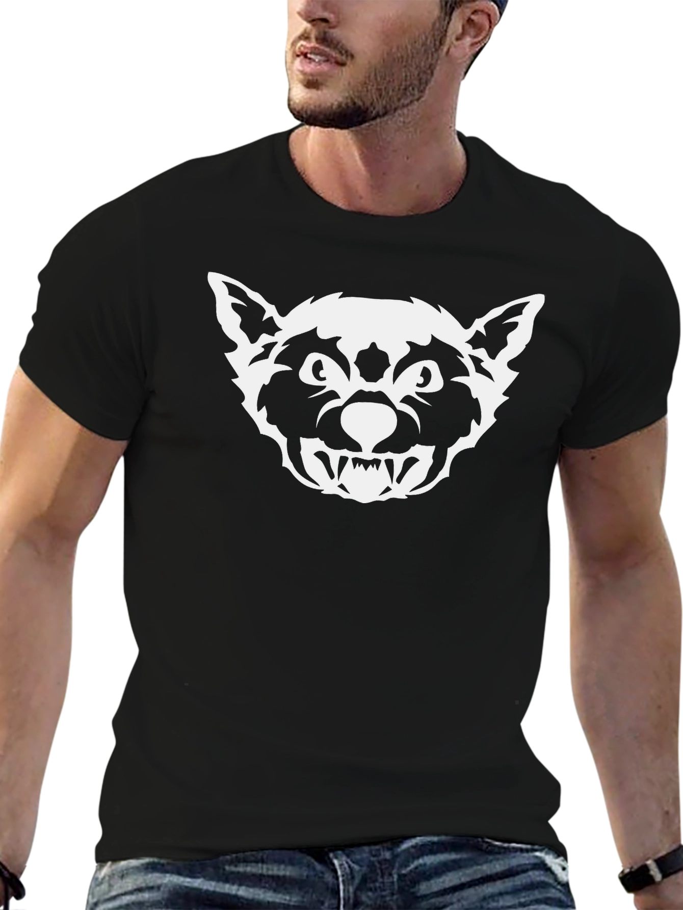 Black T-Shirt with White Wolf Graphic