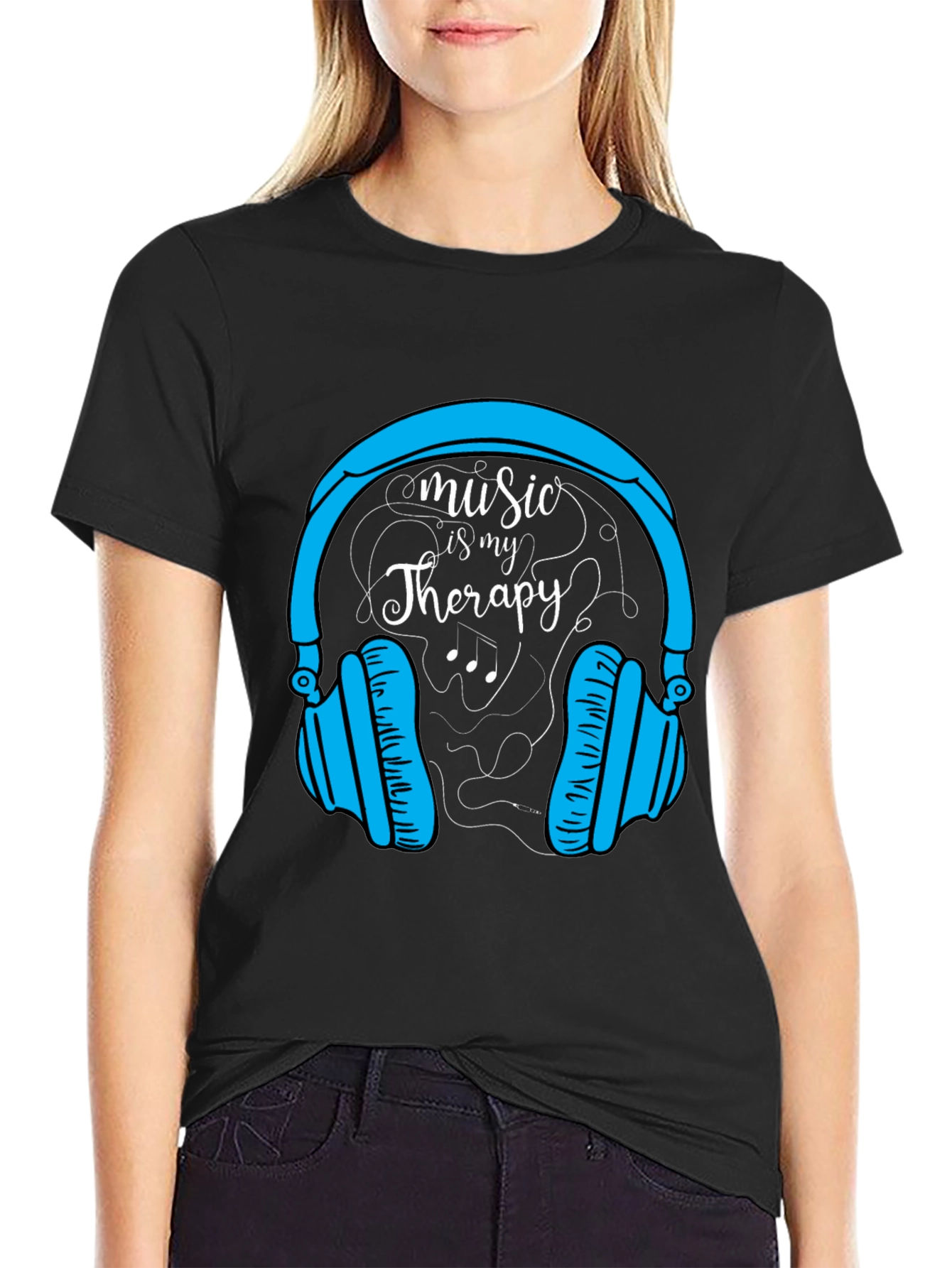 Music Therapy Tee - Headphones Graphic Black T-Shirt