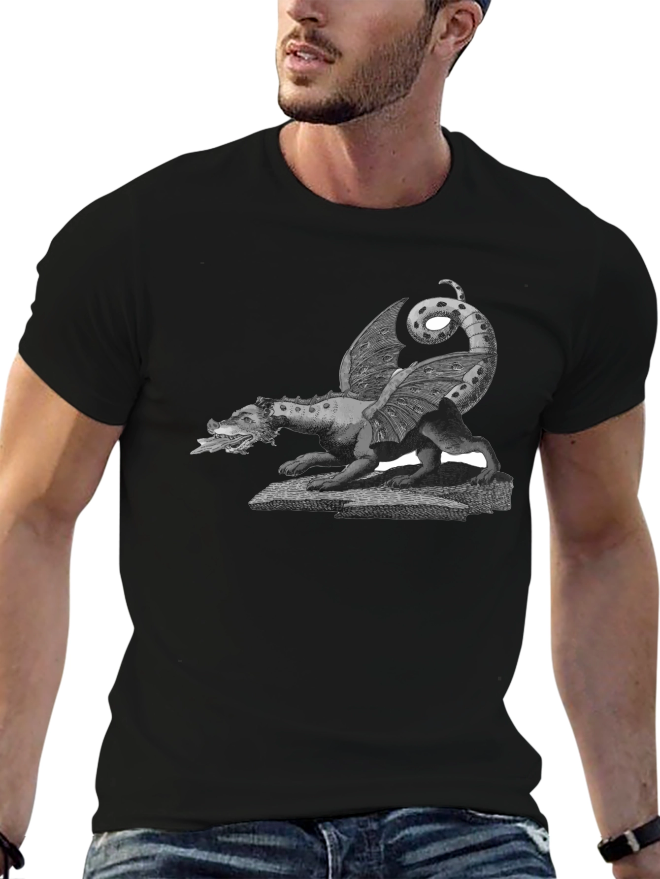 Dragon Graphic Print Crew Neck Tee - Black