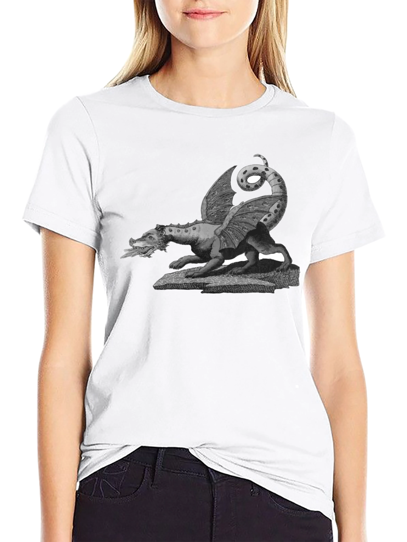 Dragon Graphic Print Crew Neck Tee - Black