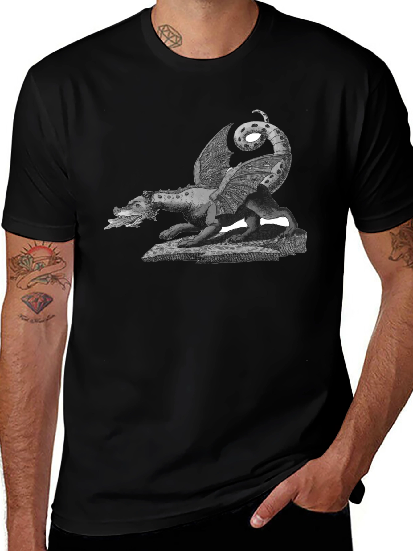 Dragon Graphic Print Crew Neck Tee - Black